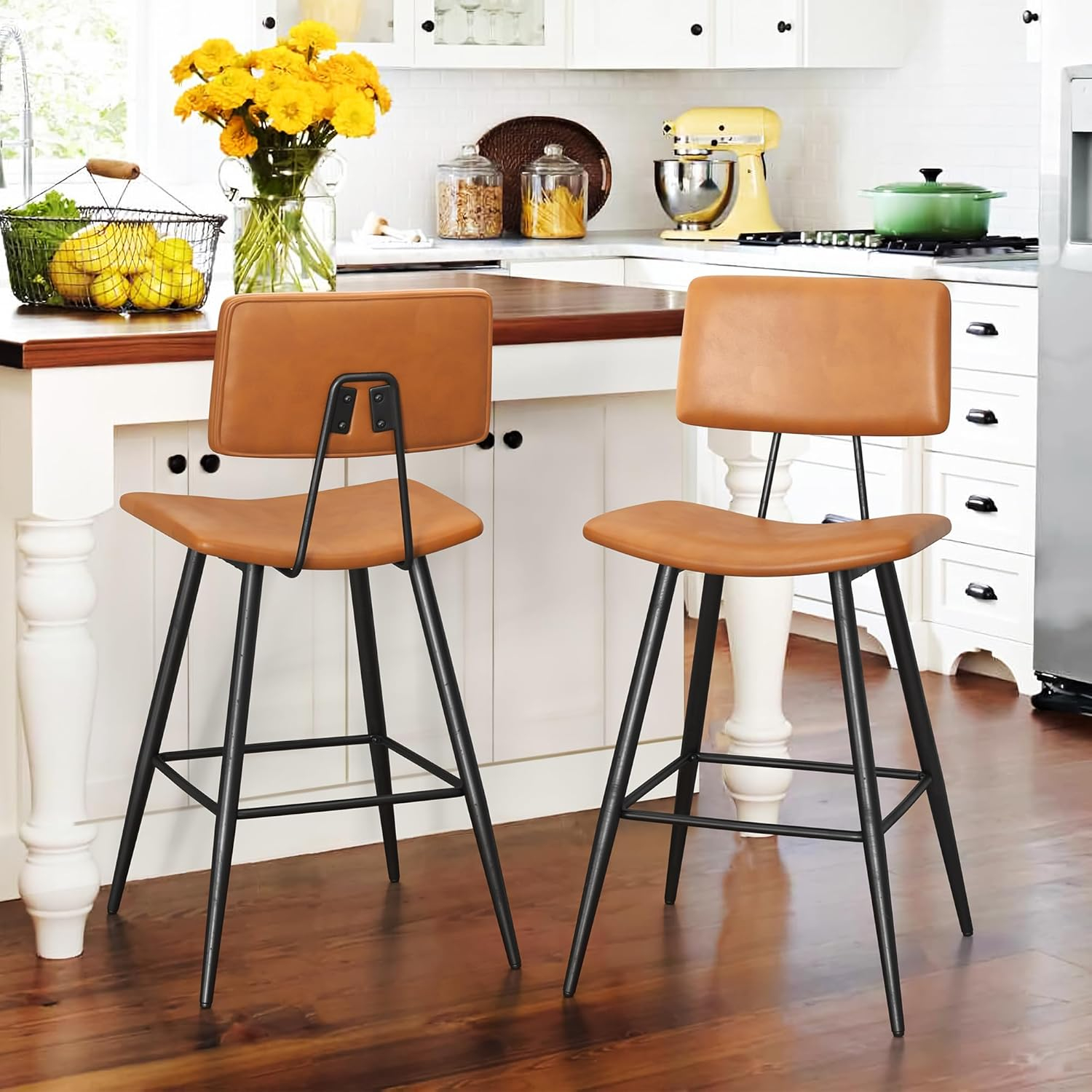 Dycanpo 24.5" Counter Height Bar Stools Set of 2, Faux Leather Upholstered Barstools, Brown