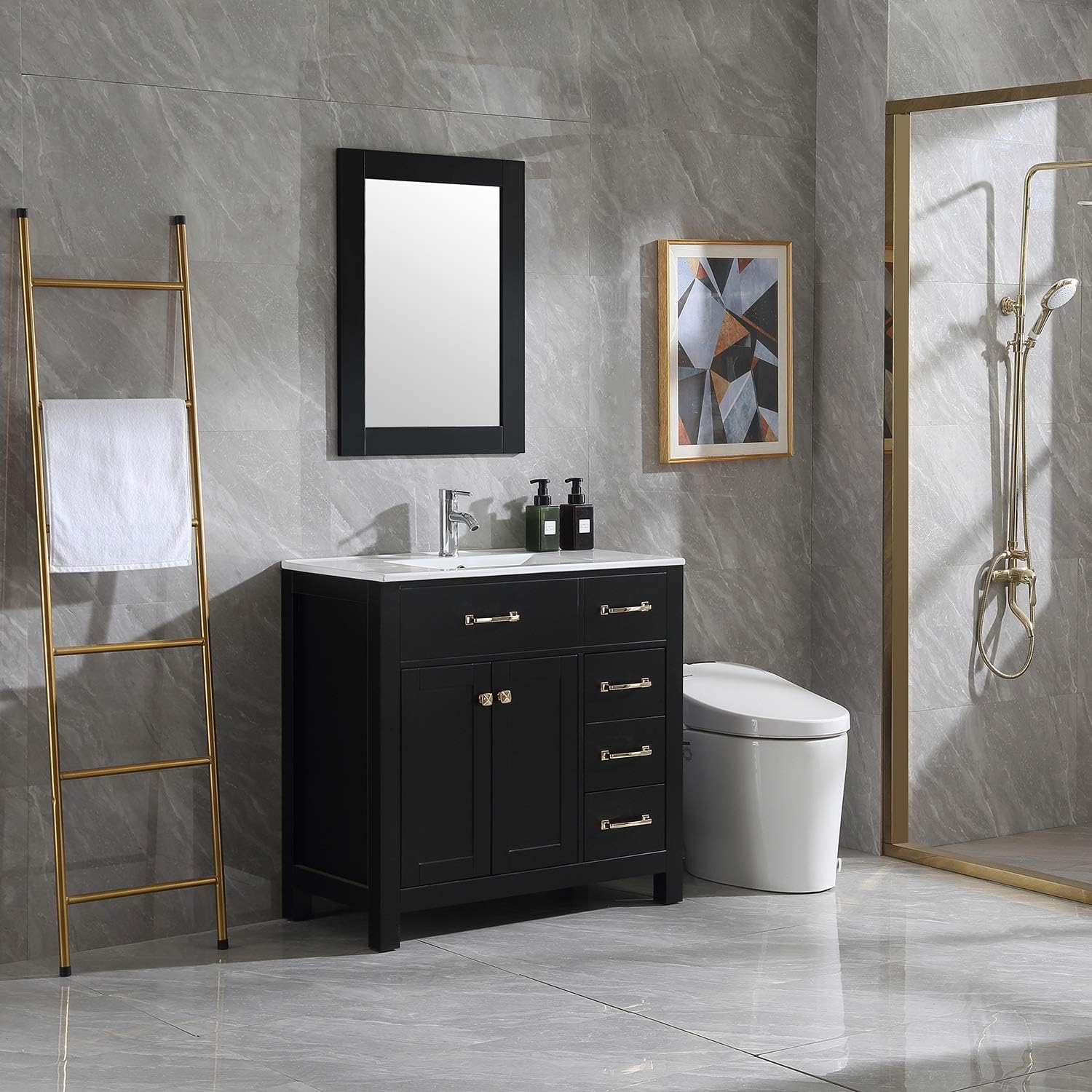 Wonline 36" Luxurious Bathroom Vanity with Sink Combo Set,Free Standing Bathroom Vanity Cabinet w/Thickened Wood, Faucet, Painted Surface, Mirror, Black