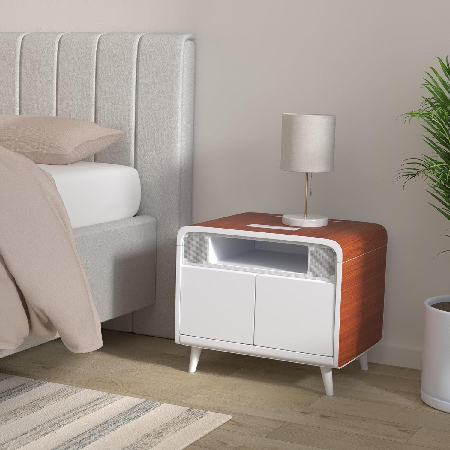 Smart Side/Nightstand Table - with Cooling Drawer, Wireless Charging, Bluetooth Speakers, USB-C and 120V outlets, LED Light, Wood/White