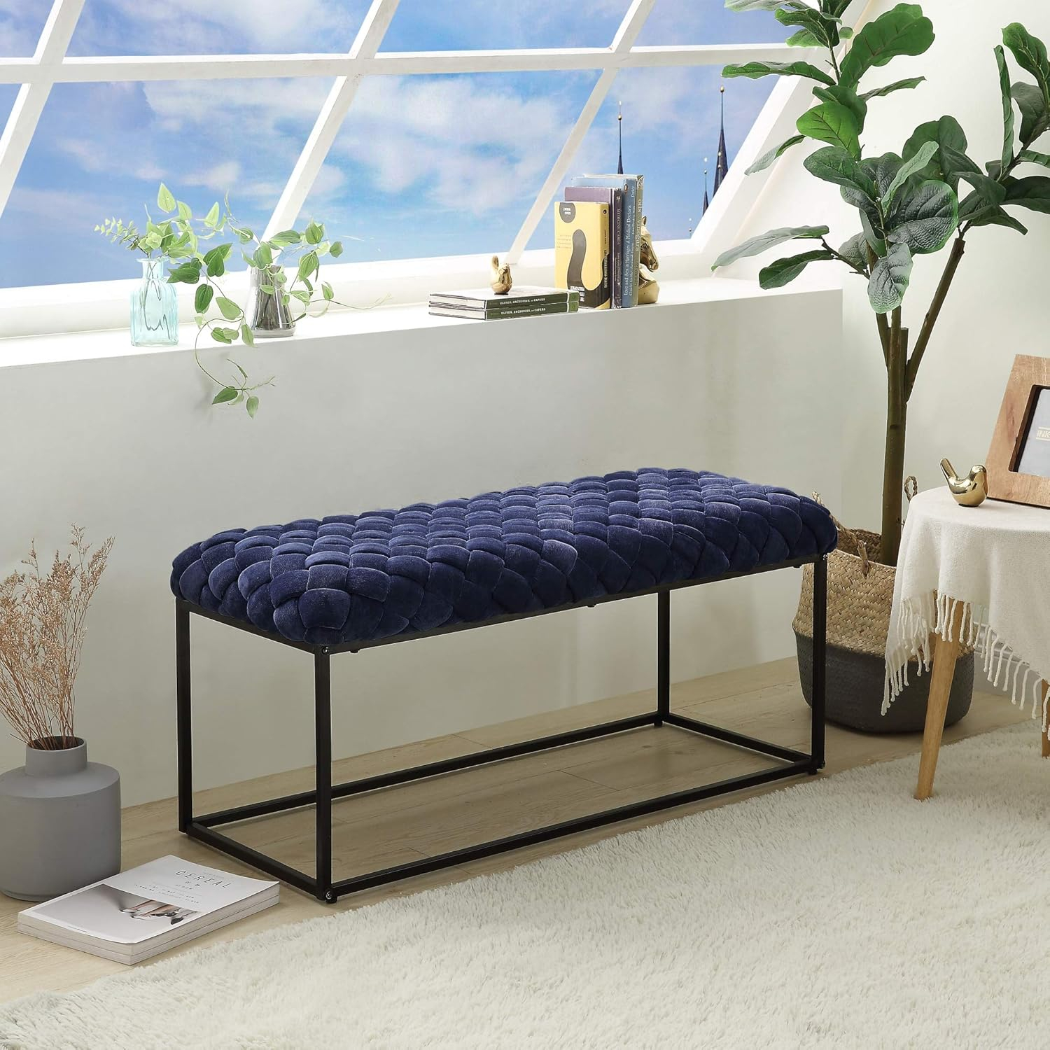 Loft Lyfe Lilah Black Velvet Bench - Upholstered, Hand Woven, Foam Filled