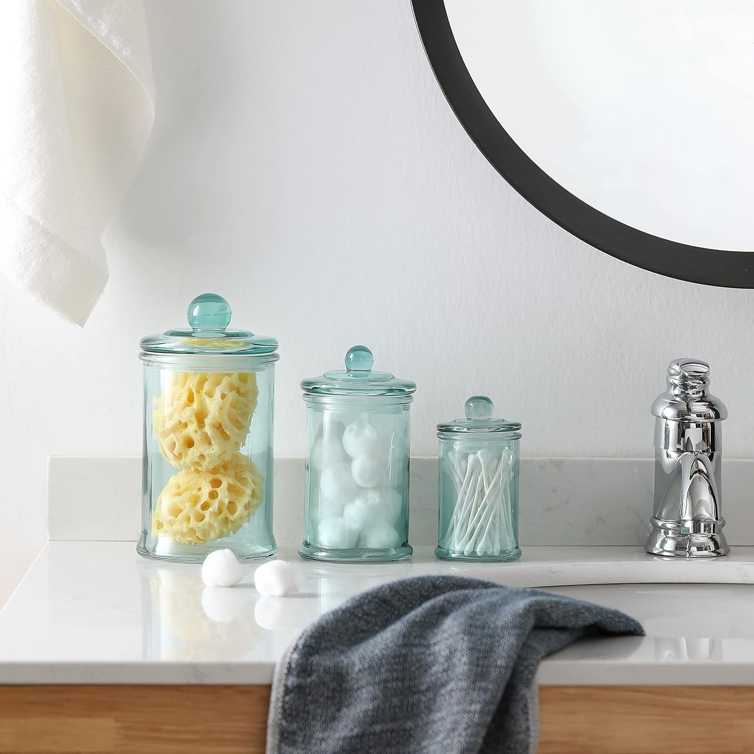 Glass Apothecary Jar | Bathroom Storage Organizer Canister (Set of 3, Blue)