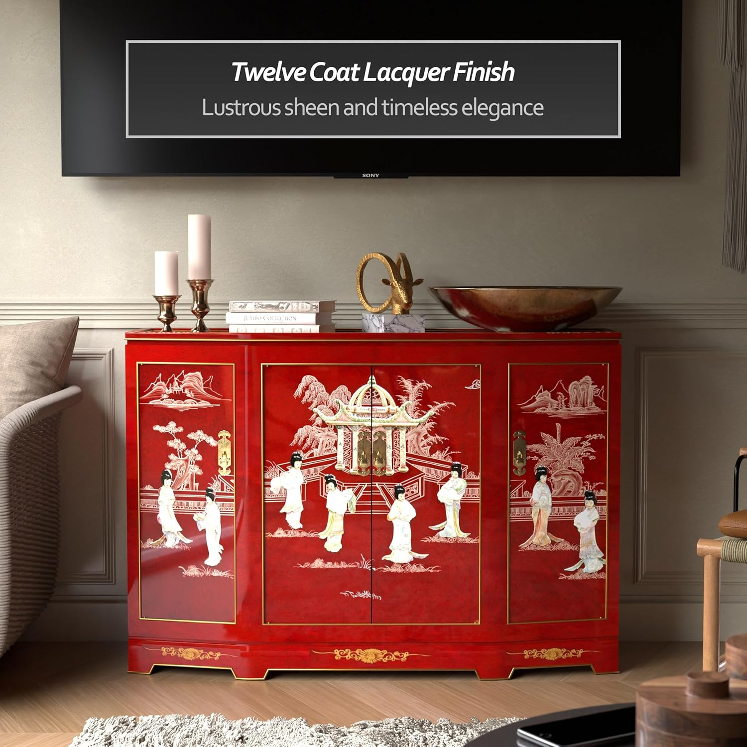 Oriental Furniture Slant Front Cabinet, Red color, 40.00"Wx 32.00"H