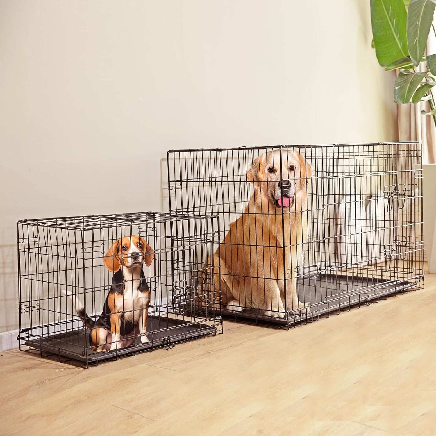 24-Inch Foldable Metal Wire Dog Crate, Collapsible Double Door Dog Crate with Removable Leak-Proof Pan, Divider Dogs Crate with Handle, Black