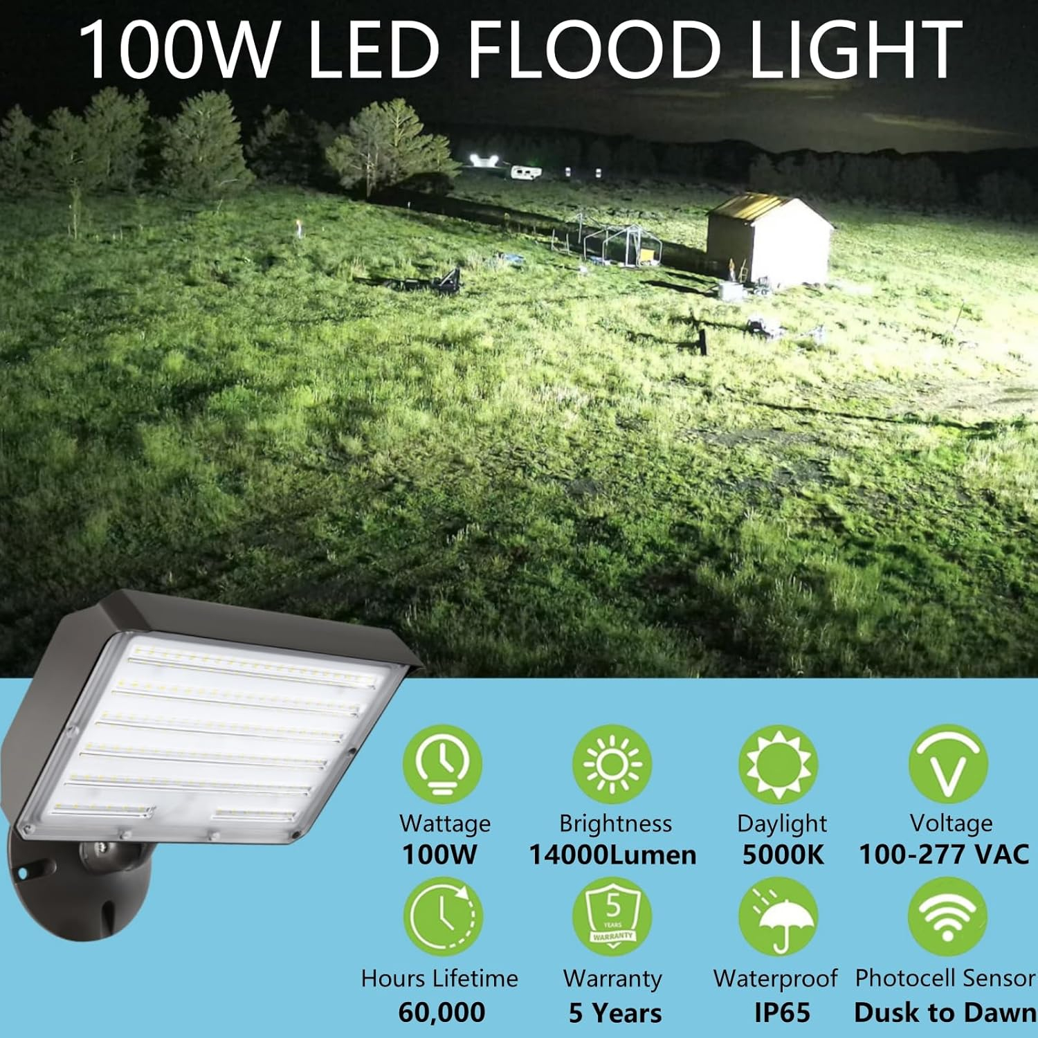 2Pack Dusk to Dawn Outdoor 100W LED Flood Light with Knuckle (Plate Included), 14000LM 1000W Equiv., 100-277V 5000K, ETL Commercial Waterproof LED Floodlight Fixture, Security Lighting for Parking Lot