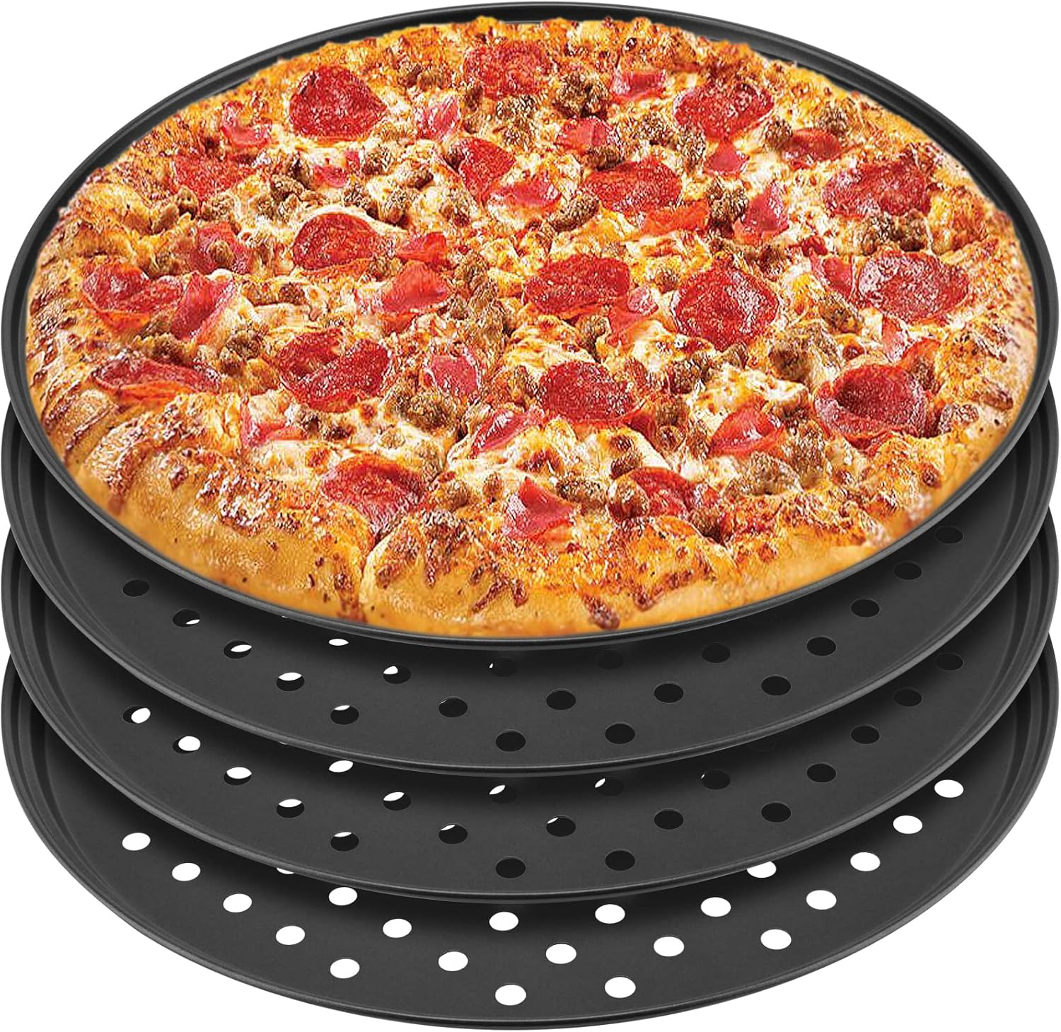 MANCHAP 4 Pack 12 Inch Round Pizza Baking Pan with Holes, Pizza Pan for Oven, Carbon Steel Non-stick Pizza Crisper Pan for Home Restaurant Baking, Black