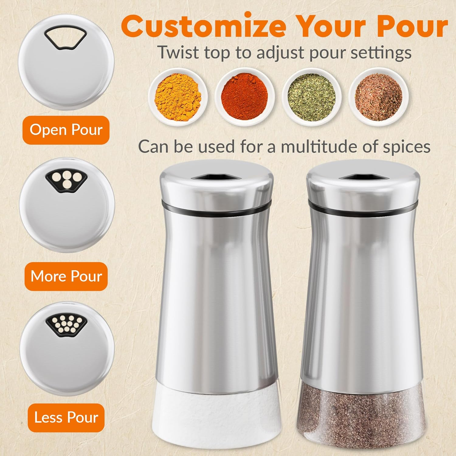 Home EC Salt and Pepper Shakers Set with Adjustable Pour Holes - Made of Elegant Stainless Steel and BPA Free Glass