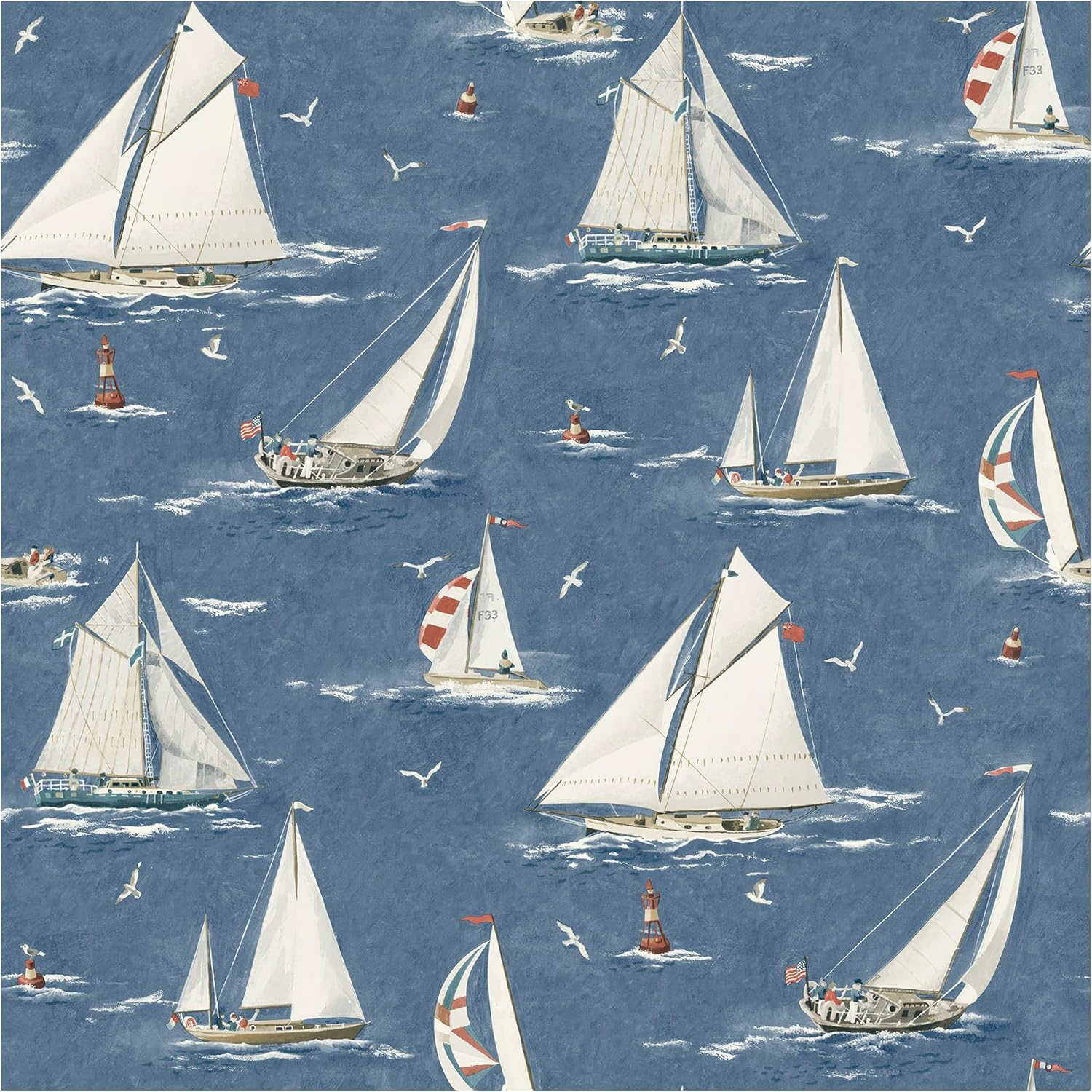 Navy Blue Sailboat Pre-Pasted Washable Wallpaper