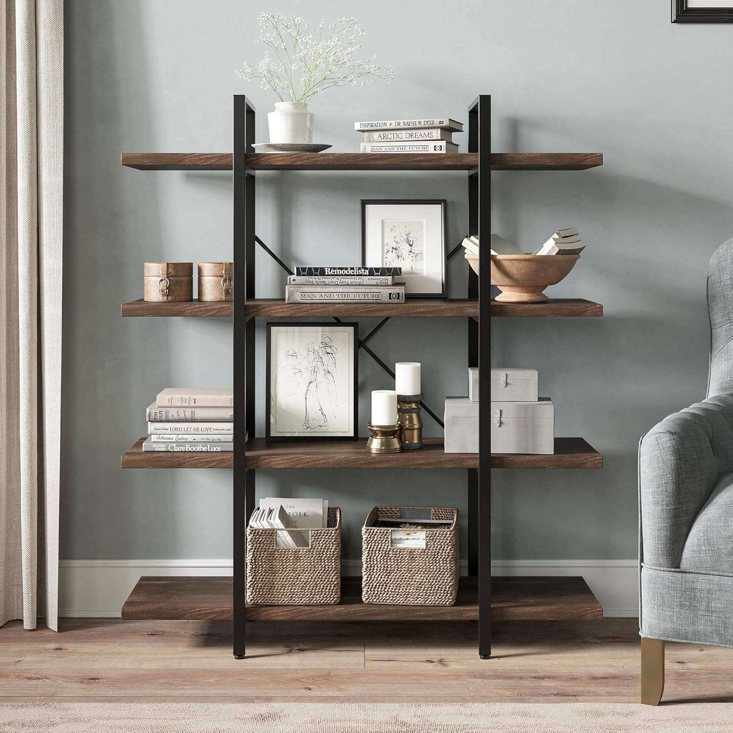BELLEZE 4 Tier Modern Rustic Industrial Bookshelf - Hazel (Dark Walnut)
