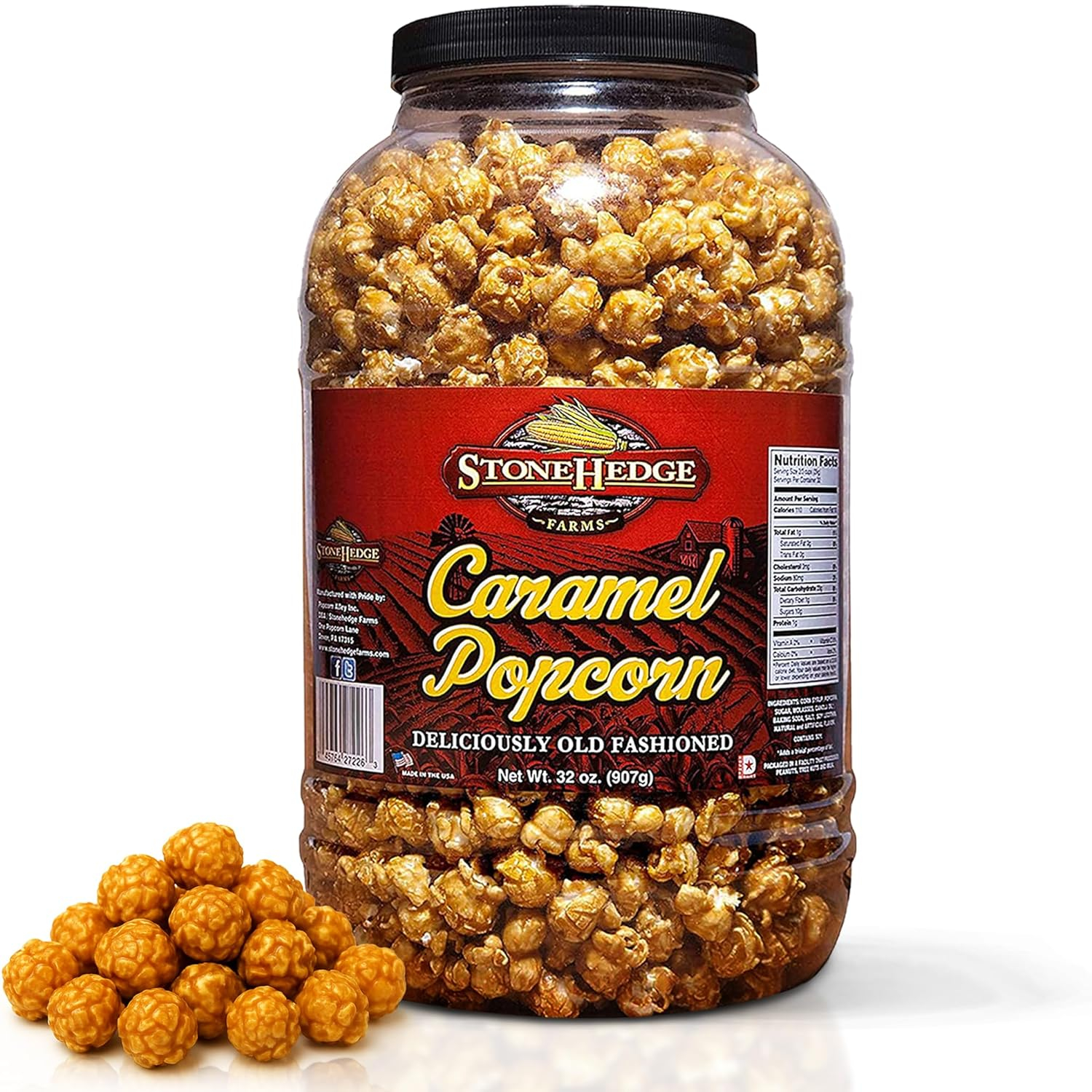 StoneHedge Farms Caramel Popcorn Deliciously Old Fashioned 32 oz. Tall Tub! 2 lbs. of Deliciousness! Made in the USA!