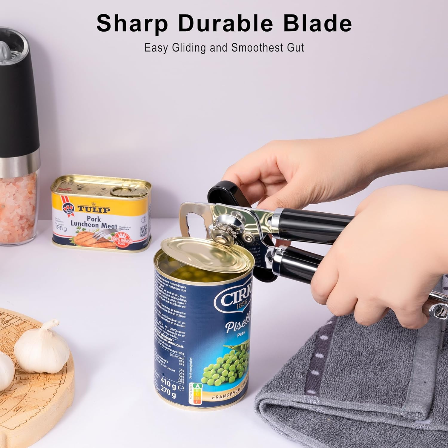 Urbanstrive XL Large Heavy Duty Can Opener Manual Smooth Edge, Hand Held Can Openers for Seniors, Stainless Steel, Comfortable Handle, Built-in Bottle Opener, 8.66 inch (Black)