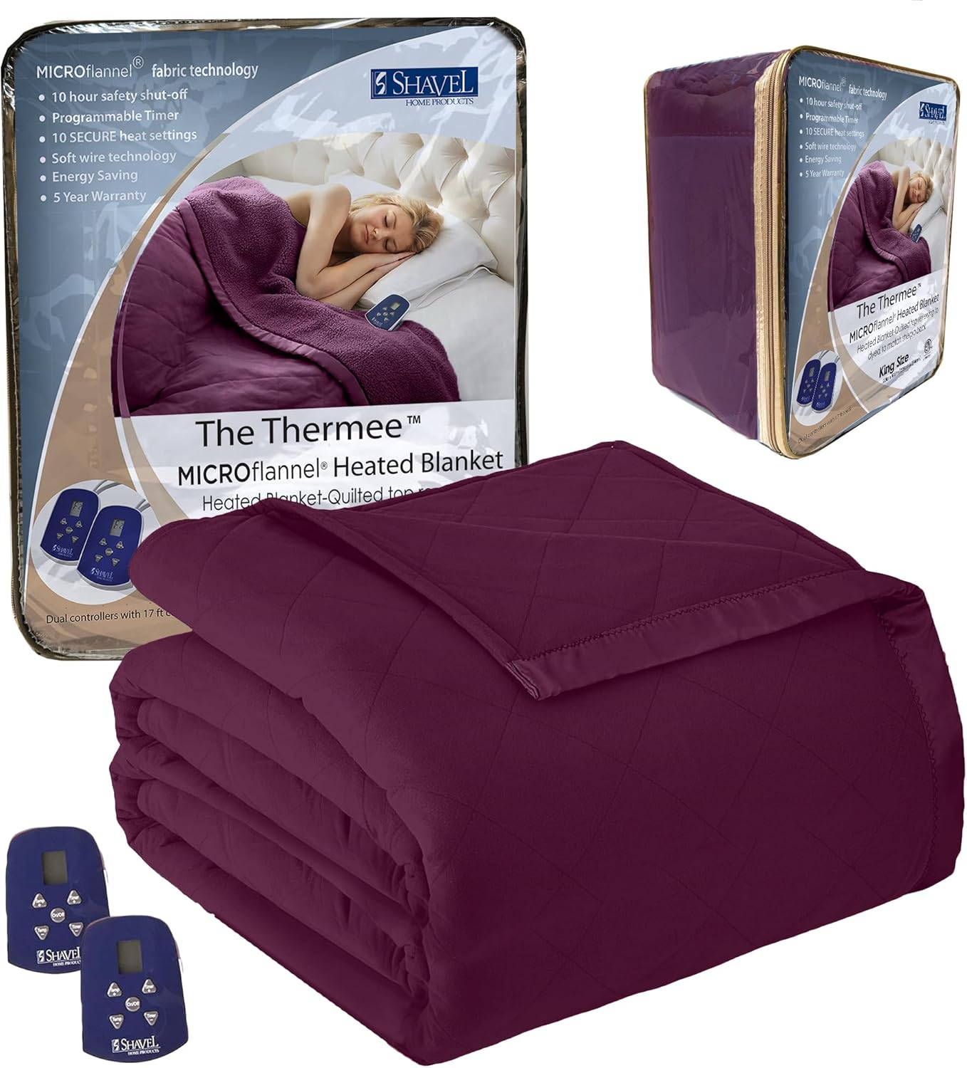 thermee micro flannel electric blanket, king, burgundy