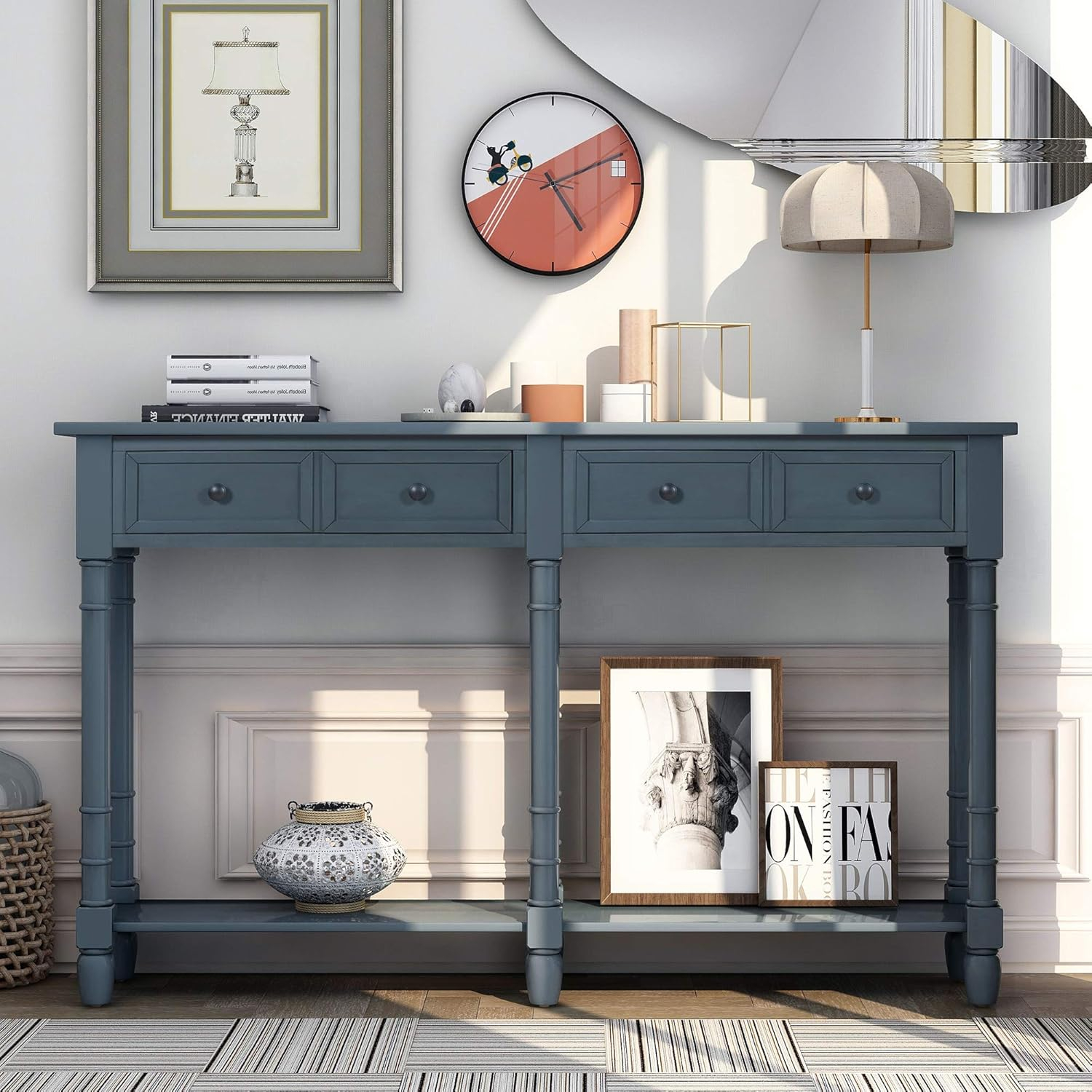 58" Console Table with Two Drawers and Bottom Shelf, Farmhouse Long Sofa Table with Solid Wood Legs, Storage Cabinet Sideboard Table for Entryway Living Room Hallway, Easy Assembly, Antique Navy