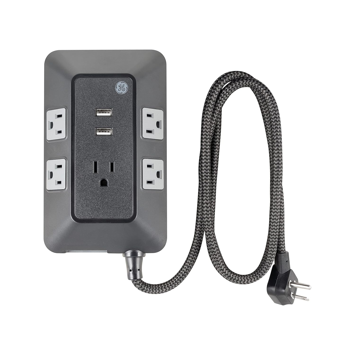 GE Adapt 5-Outlet Surge Protector Power Strip, USB Hub, 3ft Braided Cord, Black