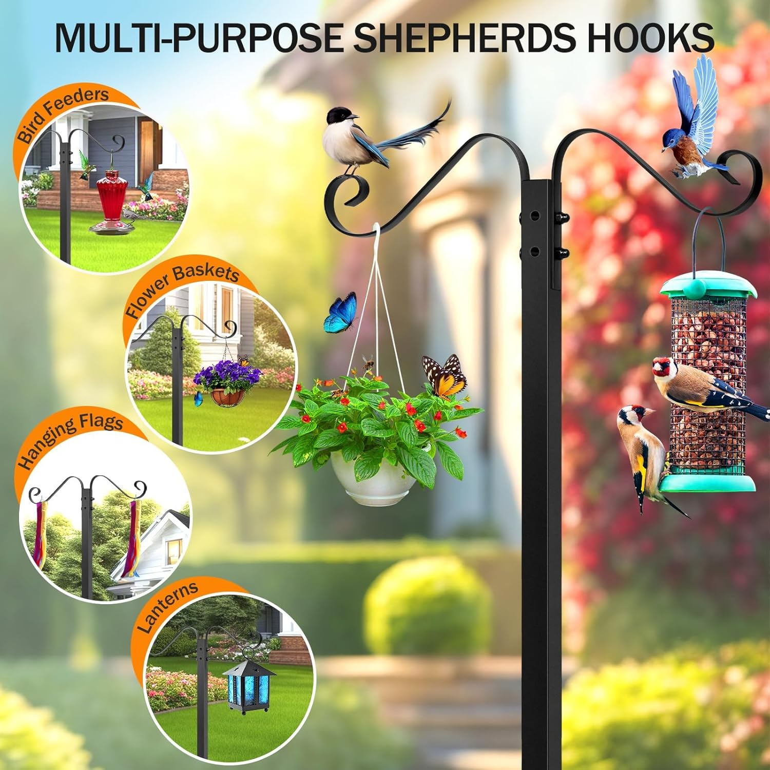 Garden Hose Holder for Outside - Upgraded Water Hose Holders with 5 Spikes & 2 Shepherds Hooks, Freestanding Hose Stand Heavy Duty Hose Hanger Hose Storage Hose Reel Rack for Outside Yard Lawn