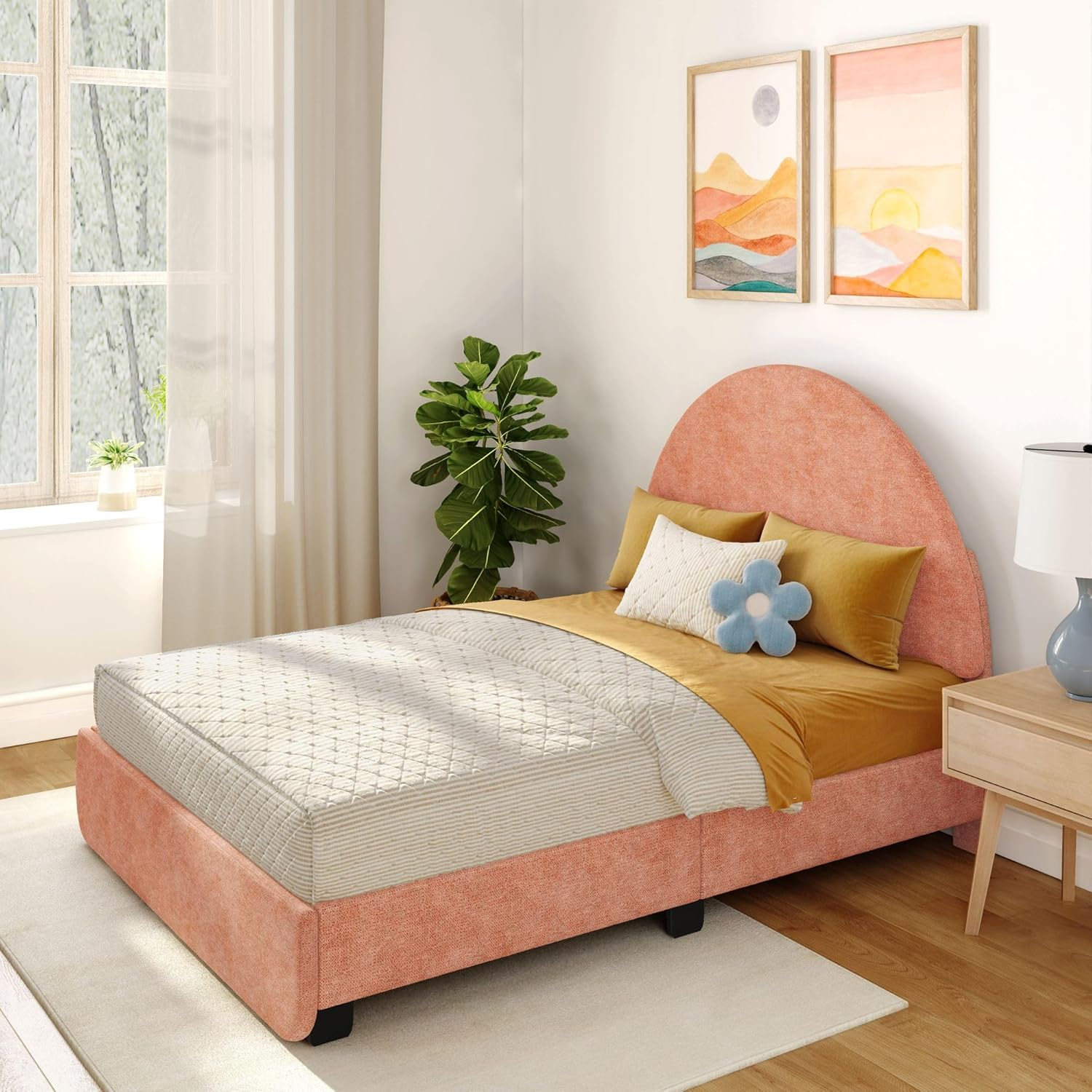 Max & Lily Upholstered Full Bed Frame with Arch Headboard, Upholstered Platform Bed for Kids, No Box Spring Needed, Easy Assembly, Dusty Rose