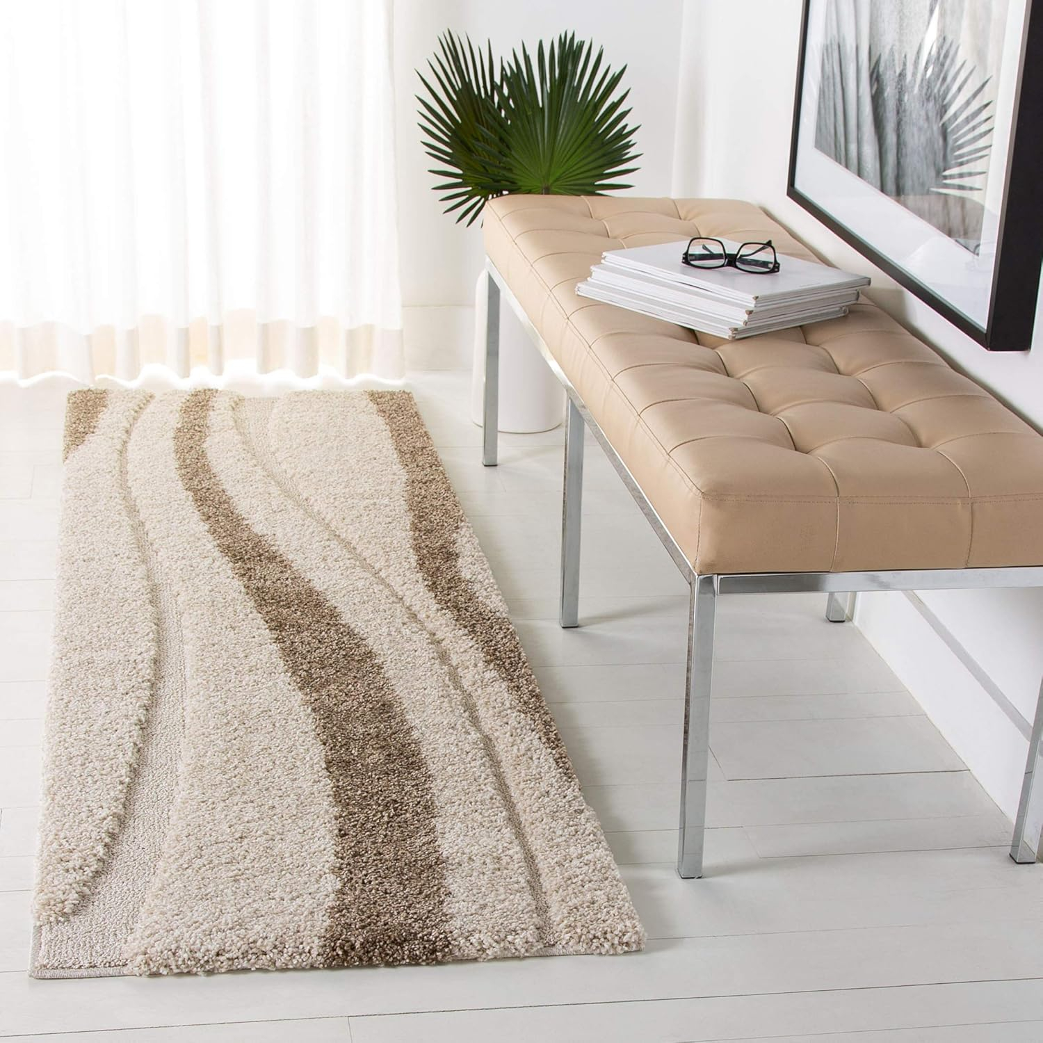 SAFAVIEH Florida Ellen Abstract Shag Runner Rug, Cream/Dark Brown, 2'3" x 8'