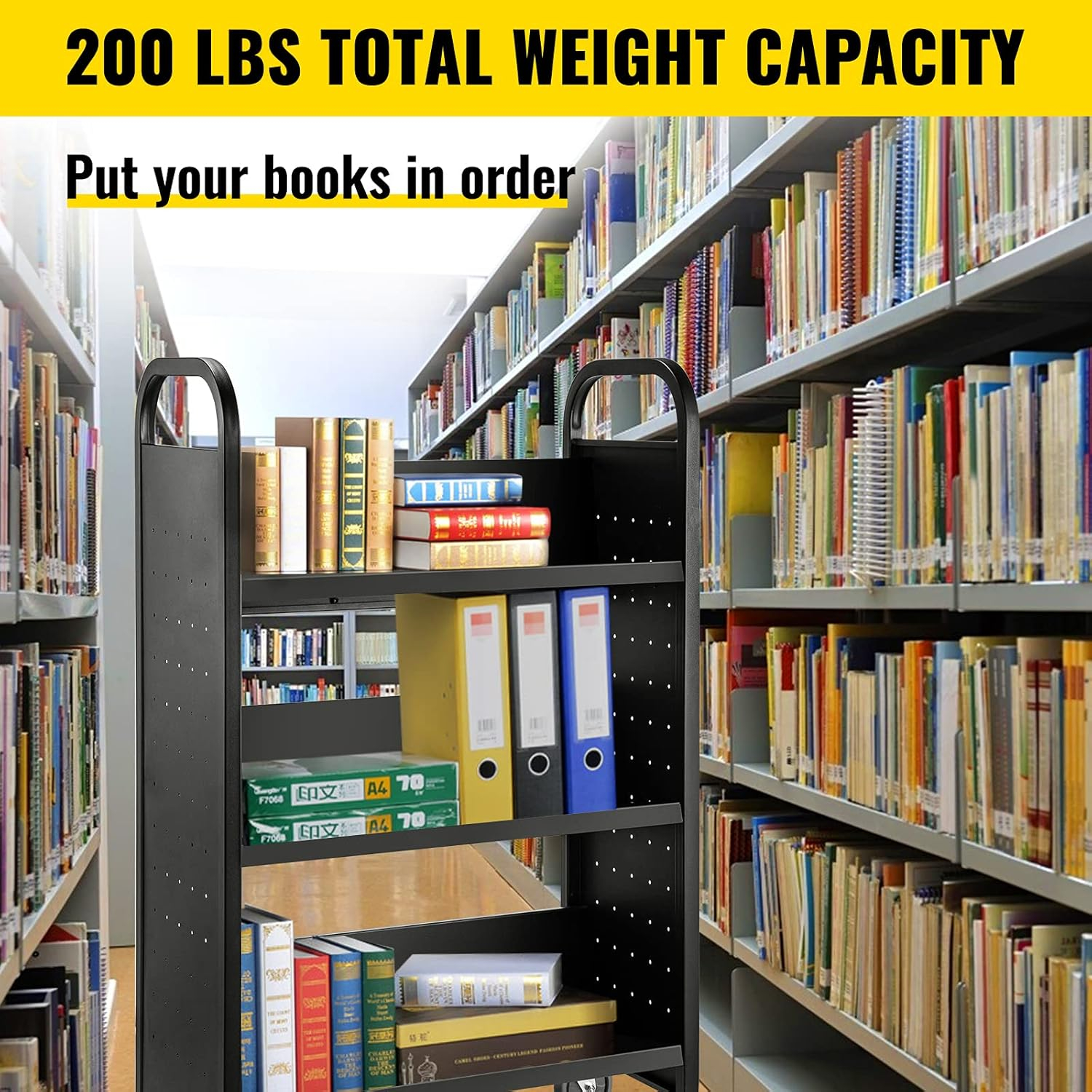 VEVOR Book Cart, 200lbs Library Cart, 30x14x49 Inch Rolling Book Cart Single Sided V-Shaped Sloped Shelves with 4 Inch Lockable Wheels, for Home Shelves Office and School Book Truck in Black