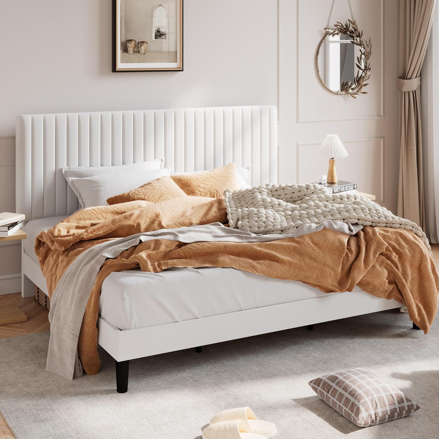 SHA CERLIN King Upholstered Platform Bed Frame with Vertical Channel Tufted Velvet Fabric Adjustable Headboard, Wooden Slats Support, Mattress Foundation, Box Spring Optional, White