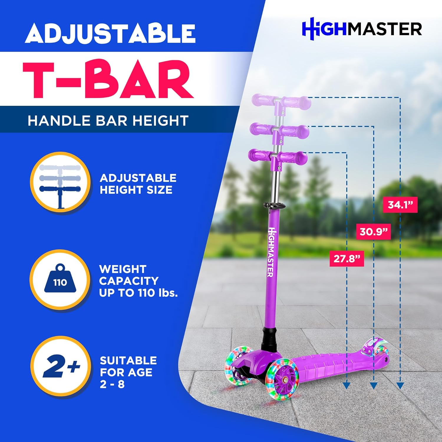 Highmaster 3-Wheel Toddler Scooter for 2 to 8 Year Old boy - 3 Wheeled Kids Scooter with Light Up Wheels, Safe and Fun Ride for Kids - Purple