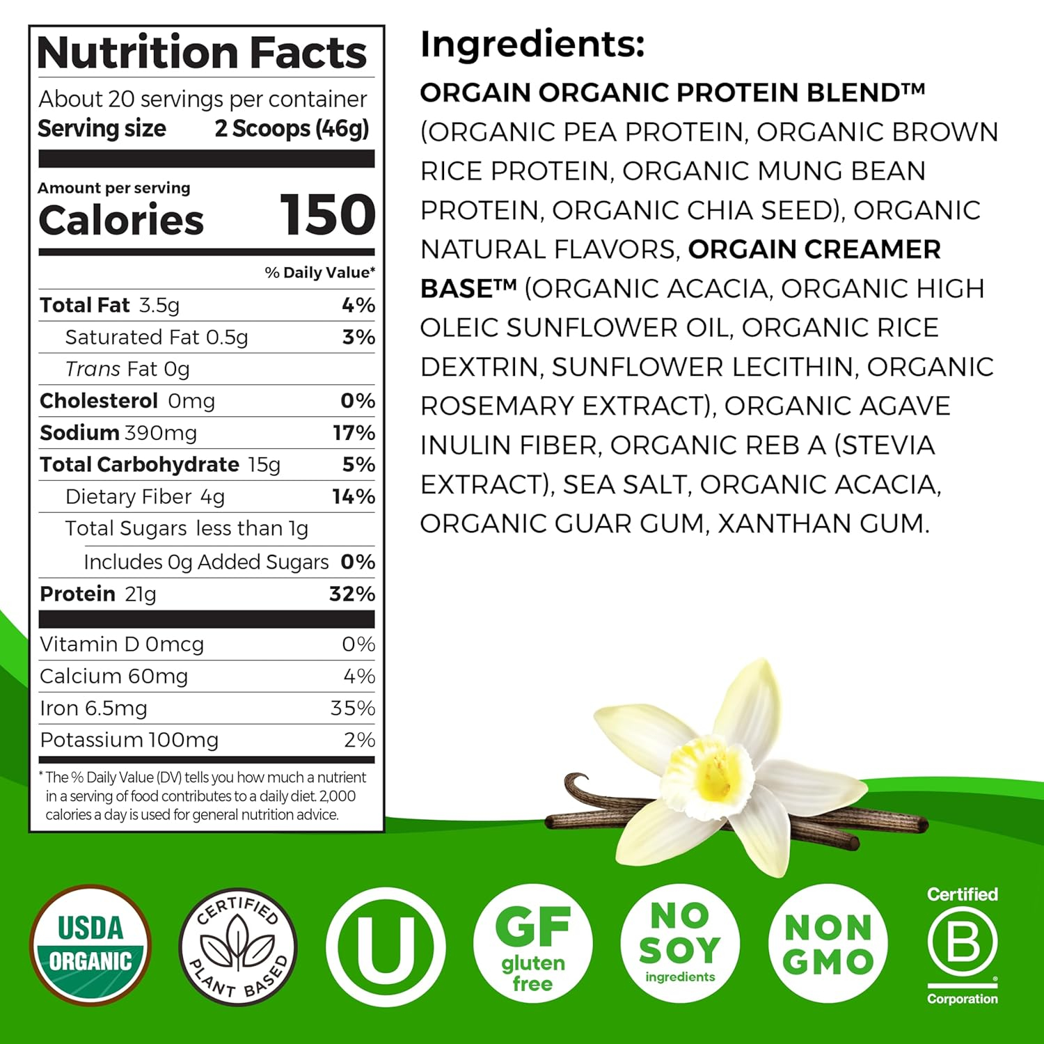 Orgain Organic Vegan 21g Protein Powder, Plant Based Shake Drink, Vanilla Bean 2.03lb