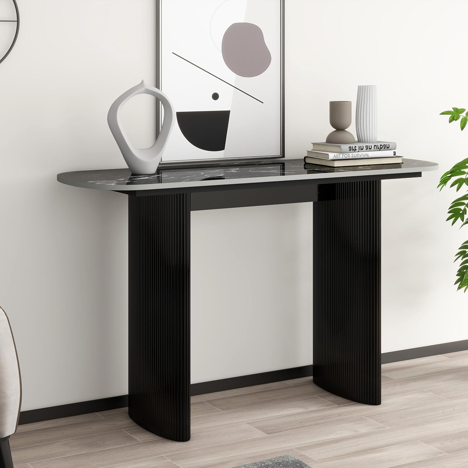 Black Marble Top Console Table with Fluted Wooden Base