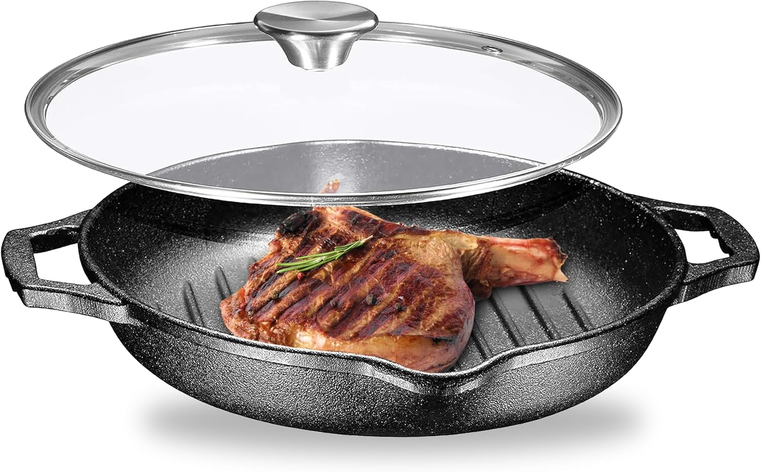Bruntmor Enameled Cast Iron Skillet with Glass Lid | 10 Inch Deep Round Grill Pan and Frying Pan with Double Loop Handles | Black | Flat Cast Iron Skillet