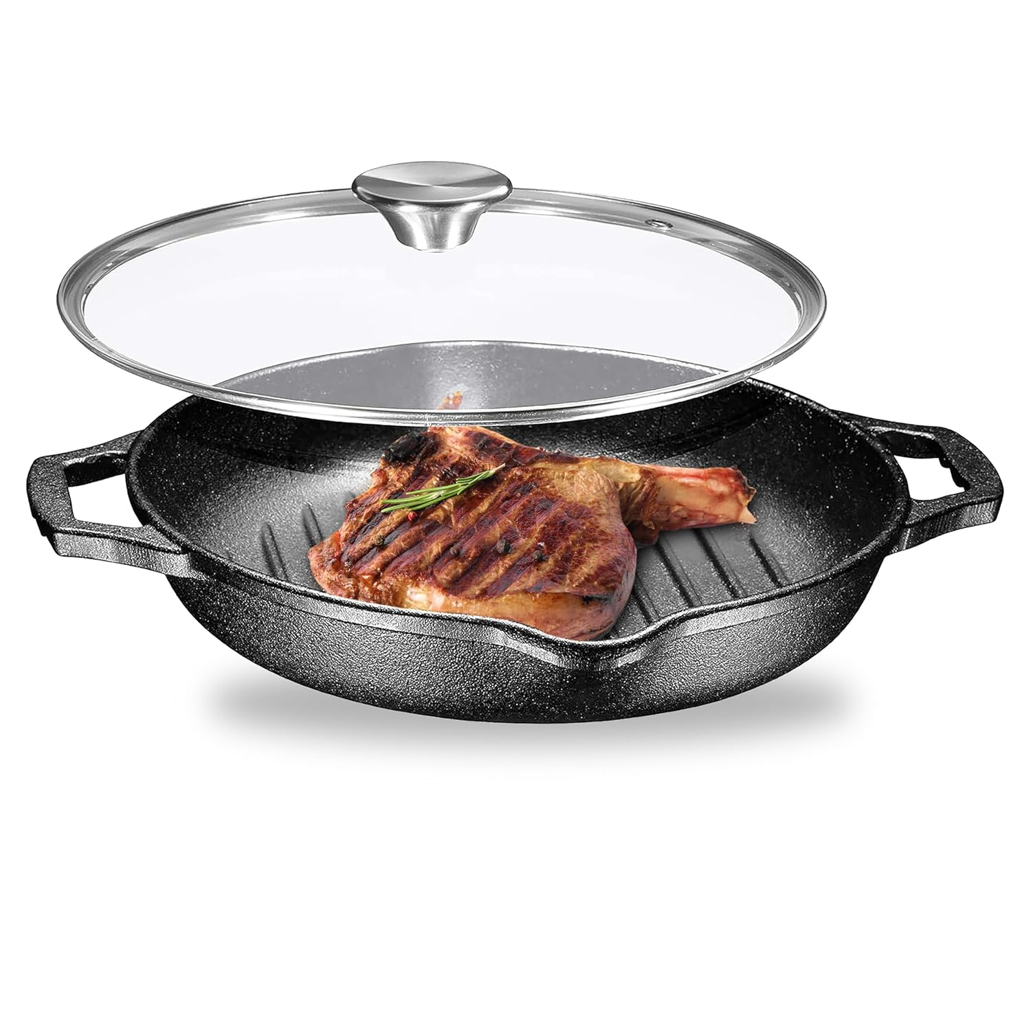 Bruntmor Enameled Cast Iron Skillet with Glass Lid | 10 Inch Deep Round Grill Pan and Frying Pan with Double Loop Handles | Black | Flat Cast Iron Skillet