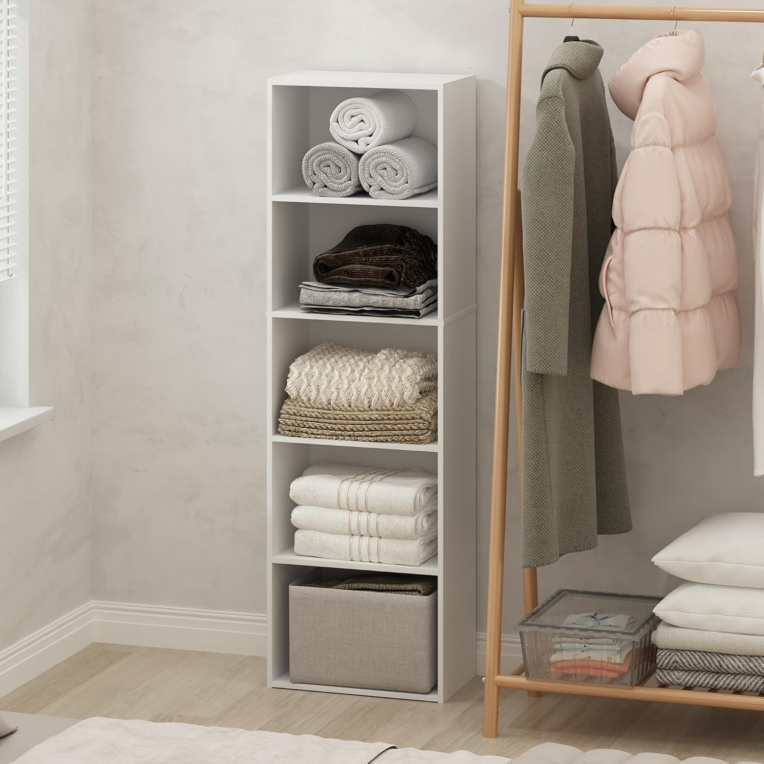 Furinno Reed 5-Tier Reversible Color Open Shelf Multipurpose Bookcase, Storage Organizer, White