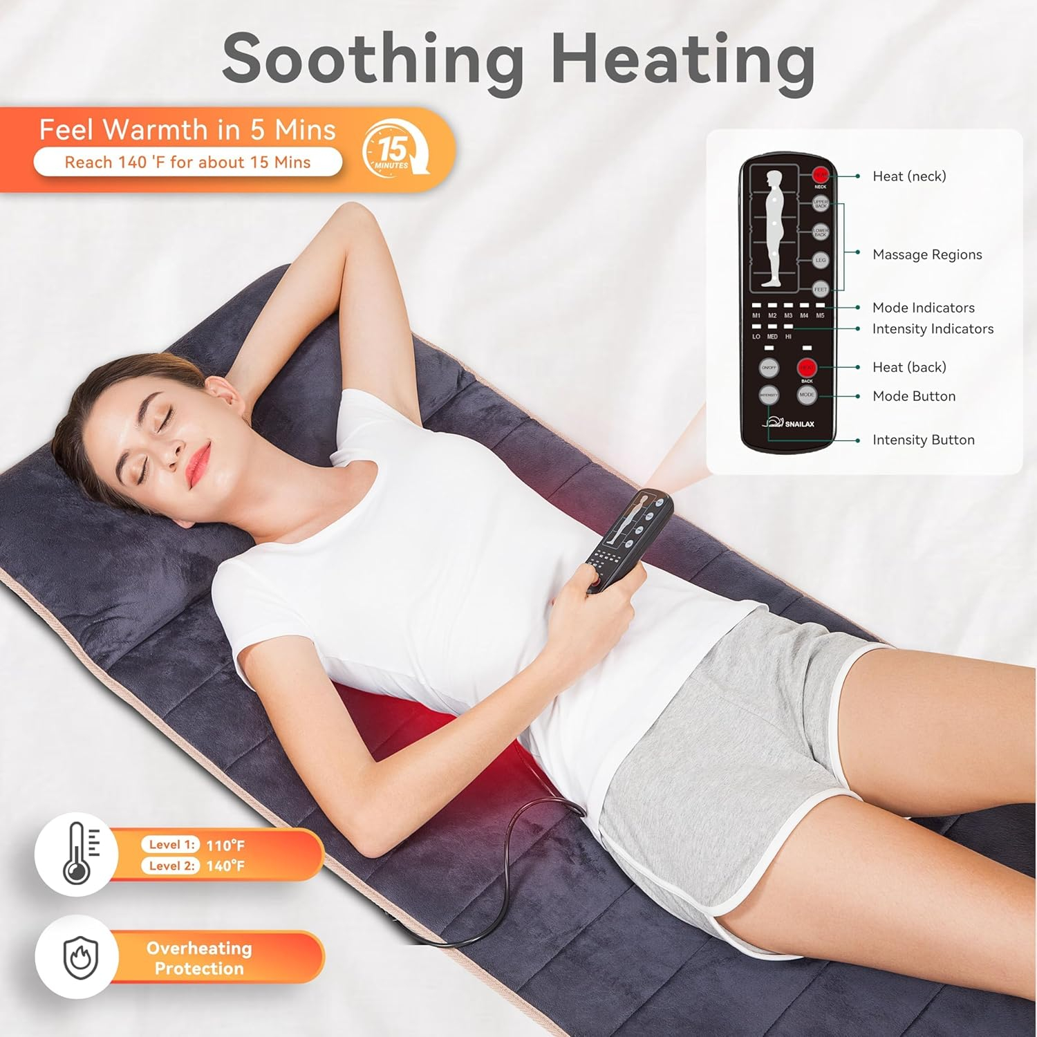 Snailax Massage Mat with Soothing, Full Body Massage pad with 10 Vibration Motors and 4 Therapy Heat pad, Gifts