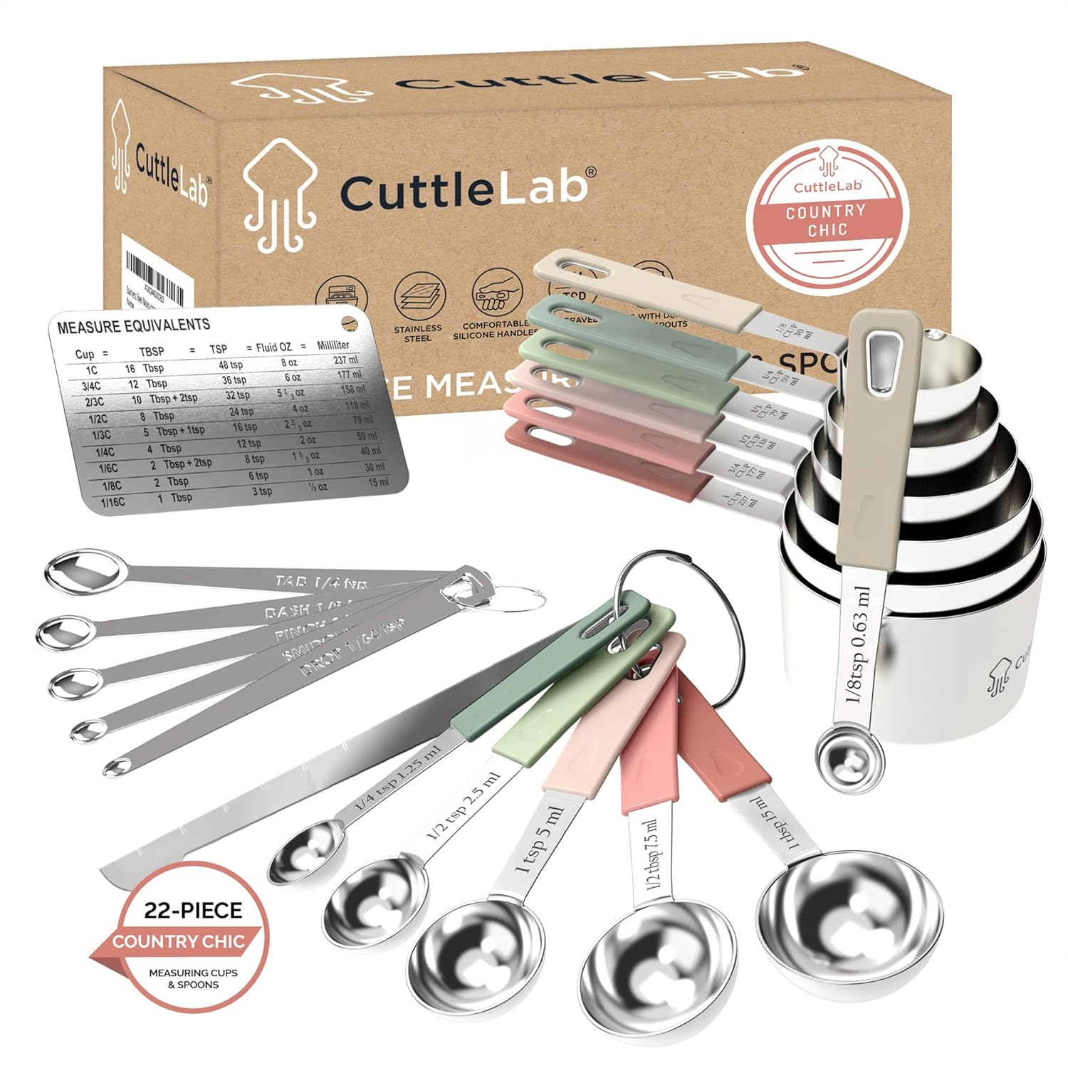 22-Piece Stainless Steel Measuring Cups and Spoons Set, Tad Dash Pinch Smidgen Drop Mini Measuring Spoons, Measuring Stick Leveler, Measurement Conversion Chart Fridge Magnet, (Country Chic)