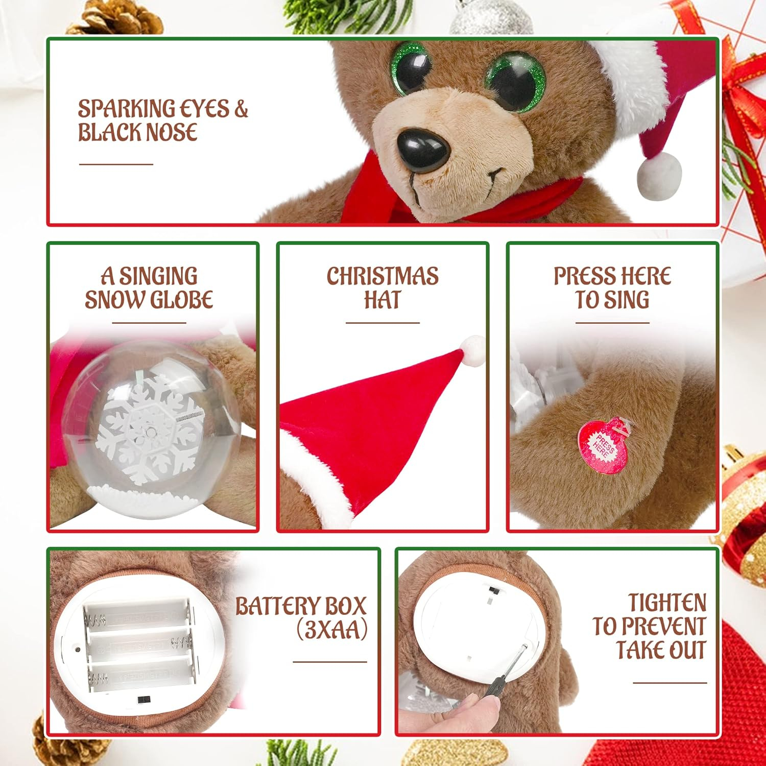 10'' Christmas Teddy Bear Stuffed Animals Plush, LED Light Glow Musical Singing Bear Plush Toys with Snow Globes, Birthday Festivals Gifts for Boys Girls (Brown)