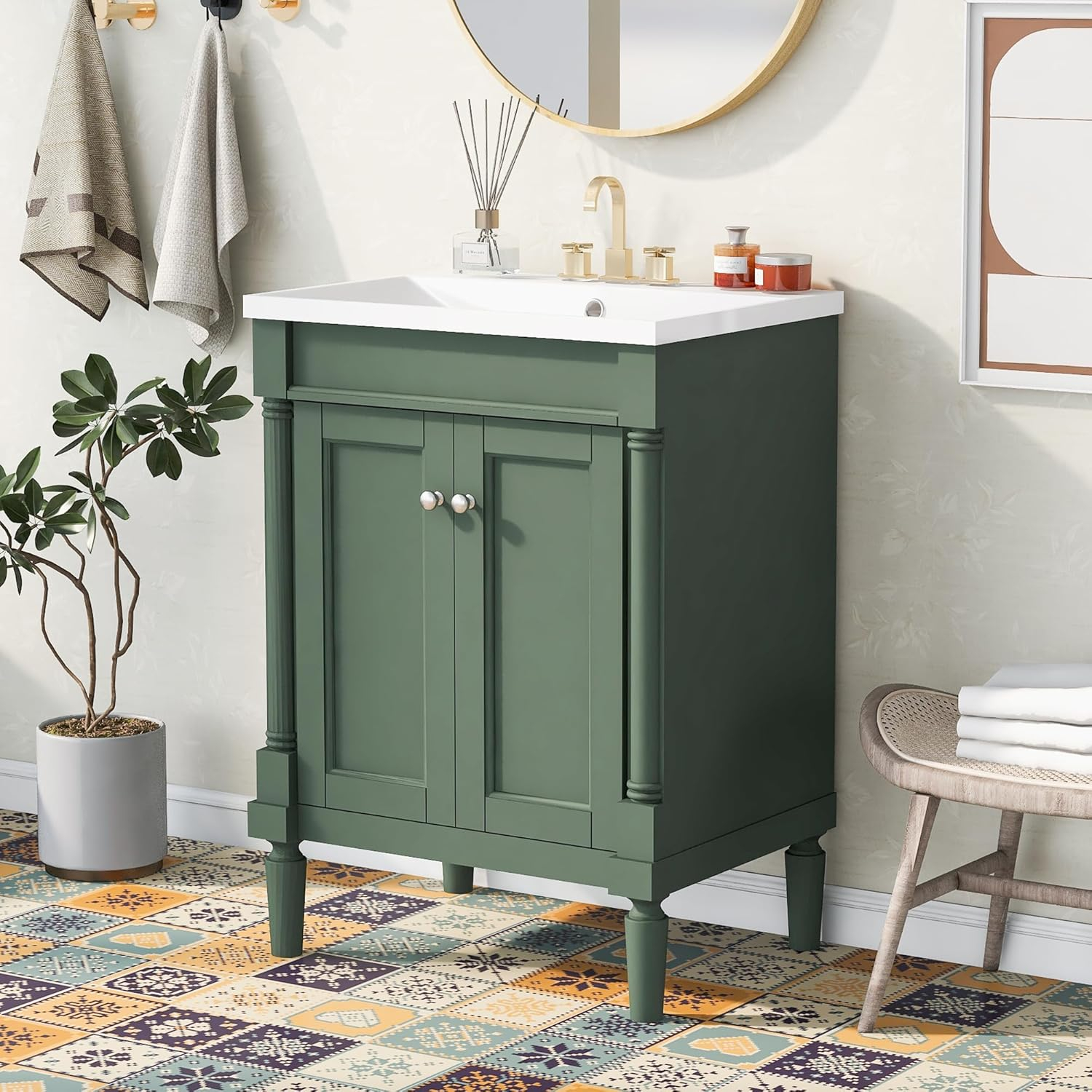Green Shaker Style Bathroom Vanity with Tempered Glass Top
