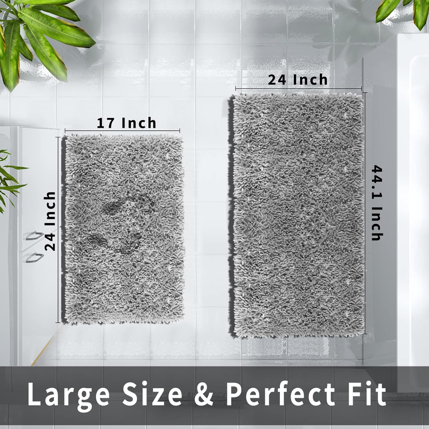 Yimobra Bathroom Rugs Sets 2 Piece, Luxury Shaggy Extra Thick Bathroom Rugs, Plush Non-Slip Mats for Bath Room Floor, U-Shaped Toilet Mat, Ultra Absorbent, 24 x 17 + 24.4 x 20.4 Inches, Light Grey