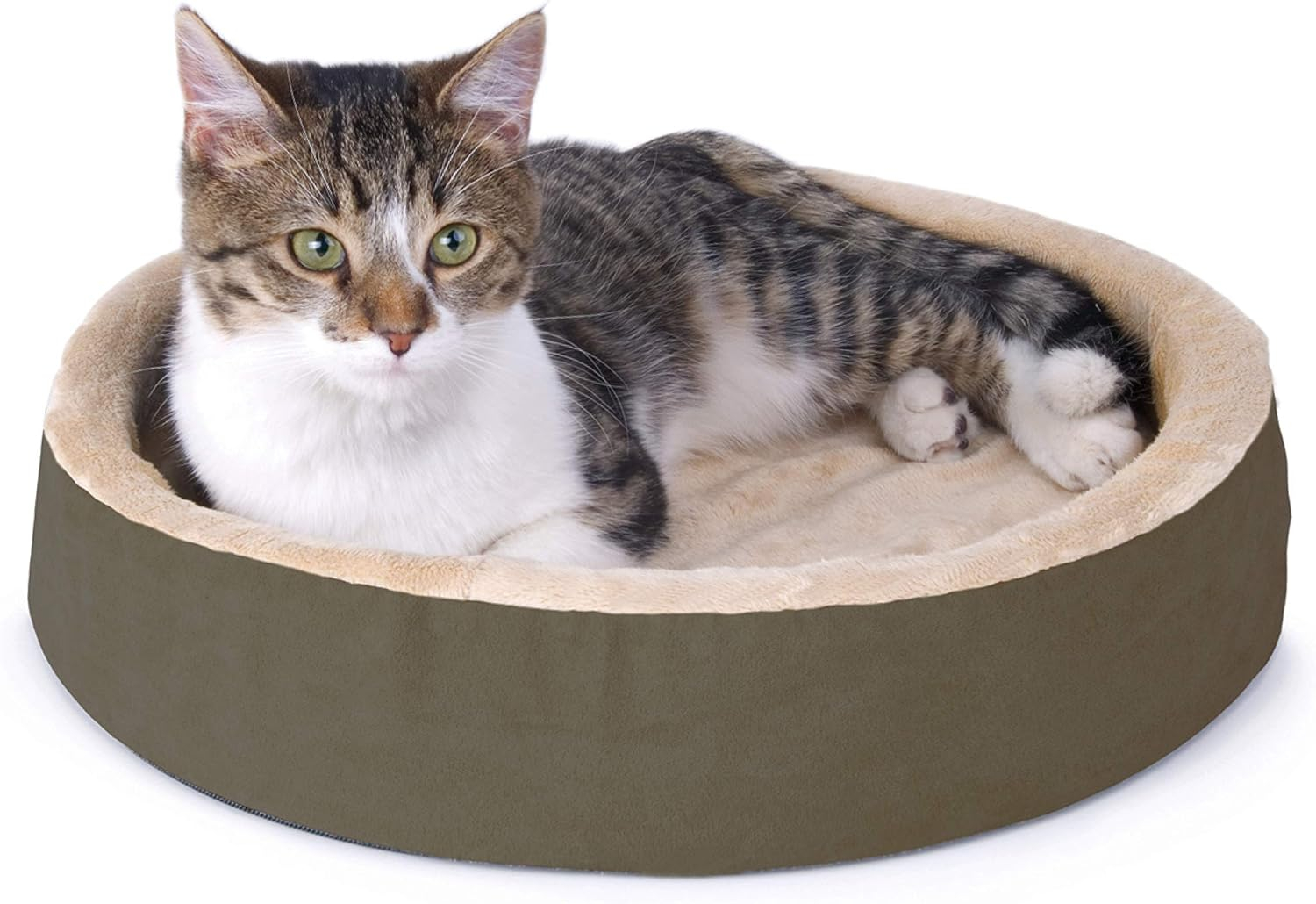 K&H Pet Products Thermo-Kitty Cuddle Up Indoor Heated Cat Bed for Dogs & Cats, Washable Pet Bed, Round Thermal Cat Mat with Short Bolster - Mocha 16 Inches