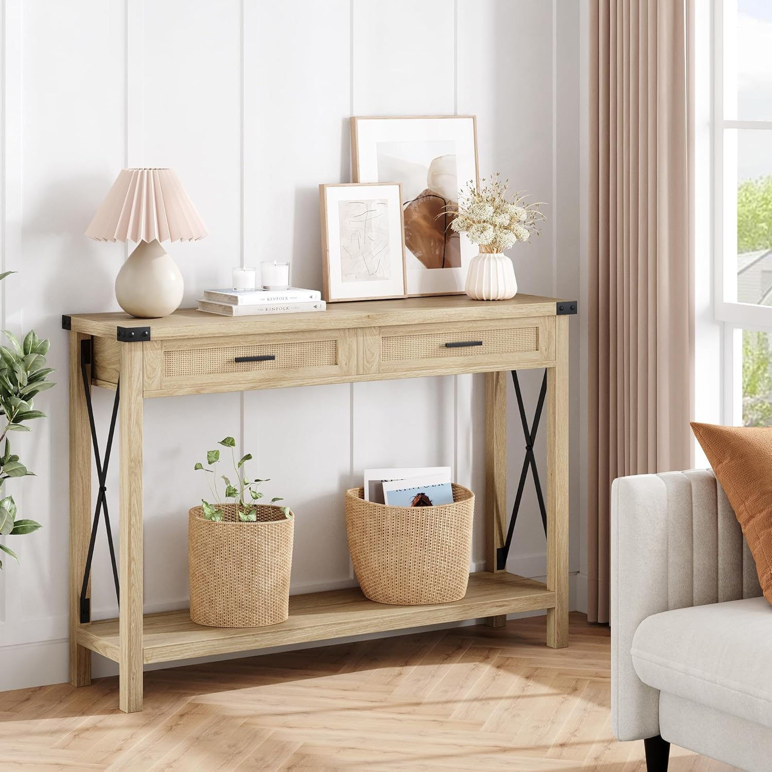 Boho Entryway Table with Rattan Drawers, Console Table for Entryway, 43" Wood Sofa Table with Storage for Living Room, Hallway, Foyer