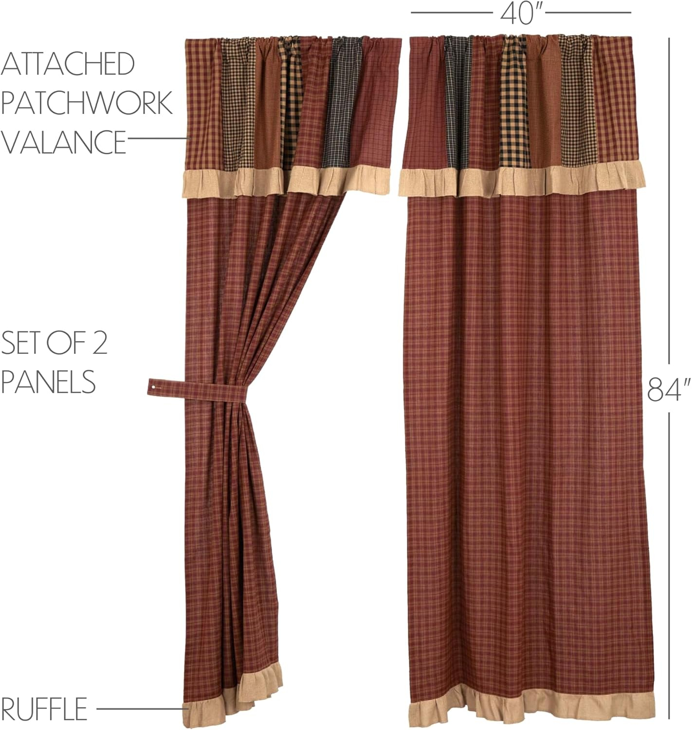 VHC Brands Maisie Primitive Living Room Panel Curtain Set, Attached Valance, 84x40