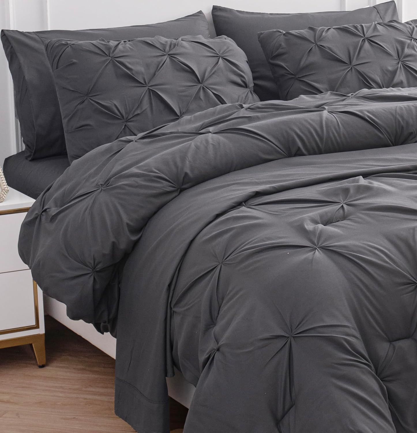 King Size Comforter Set - Bedding Set King 7 Pieces, Pintuck Bed in a Bag Grey Bed Set with Comforter, Sheets, Pillowcases & Shams