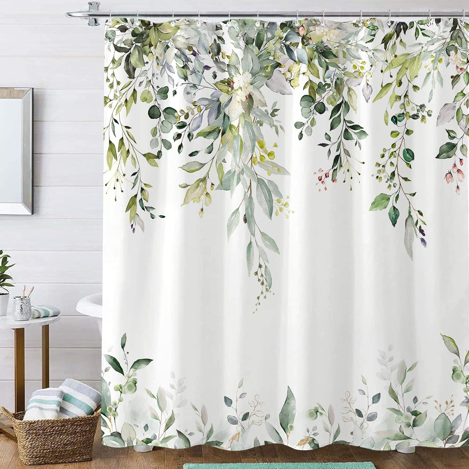 kampdream Eucalyptus Plant Rustic Shower Curtain, Watercolor Leaves On The Top Country Farm House Shower Curtain, Spring Botanical Bathroom Curtain 72 ×72 Inch