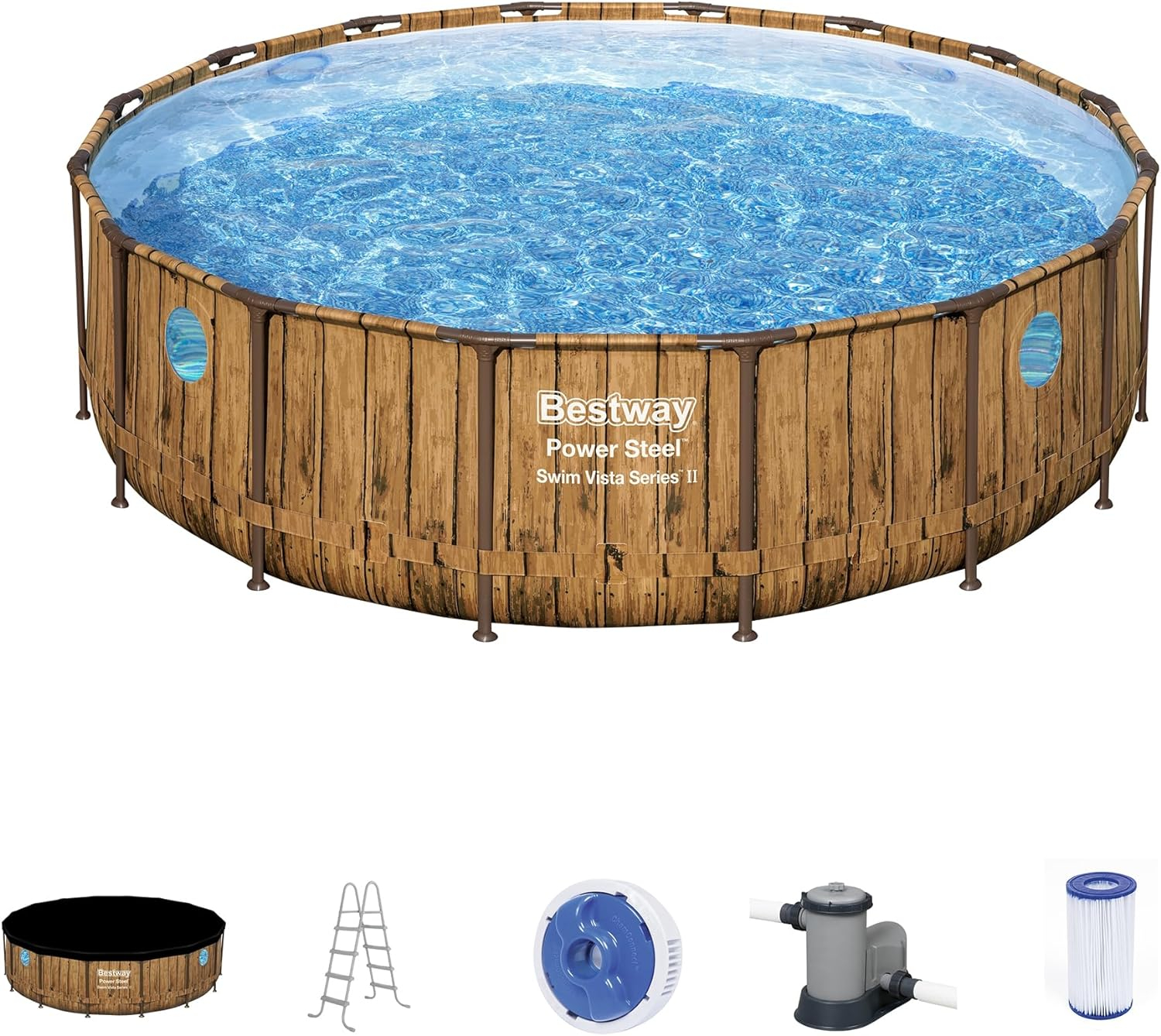 Bestway Power Steel Swim Vista Series II 16' x 48" Round Above Ground Outdoor Swimming Pool Set with Built-in Windows, Filter Pump, Ladder, and Cover