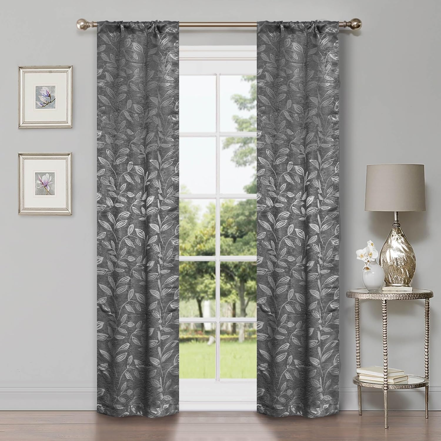 Nickel Black Polyester Blackout Curtains with Leaf Pattern, 36" x 63"