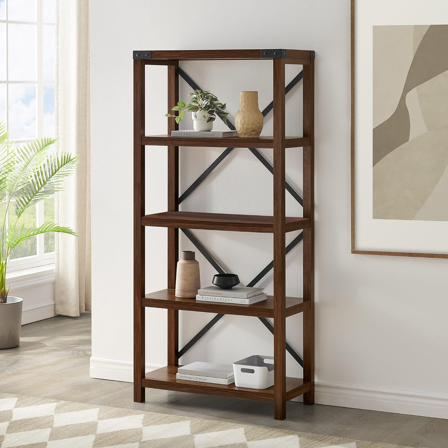 Rustic Industrial Dark Walnut 64" Wall Mount Bookshelf with Metal Accents