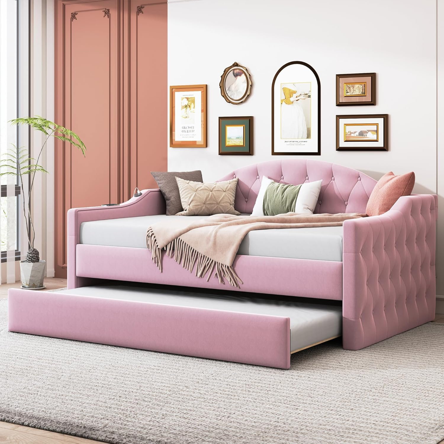 Twin Size Tufted Upholstered Daybed Bed Frame for Boys Girls Kids Adults Toddler with Trundle,Velvet Sofabed with USB&Type-C Charging Ports,No Box-Spring Needed, Pink