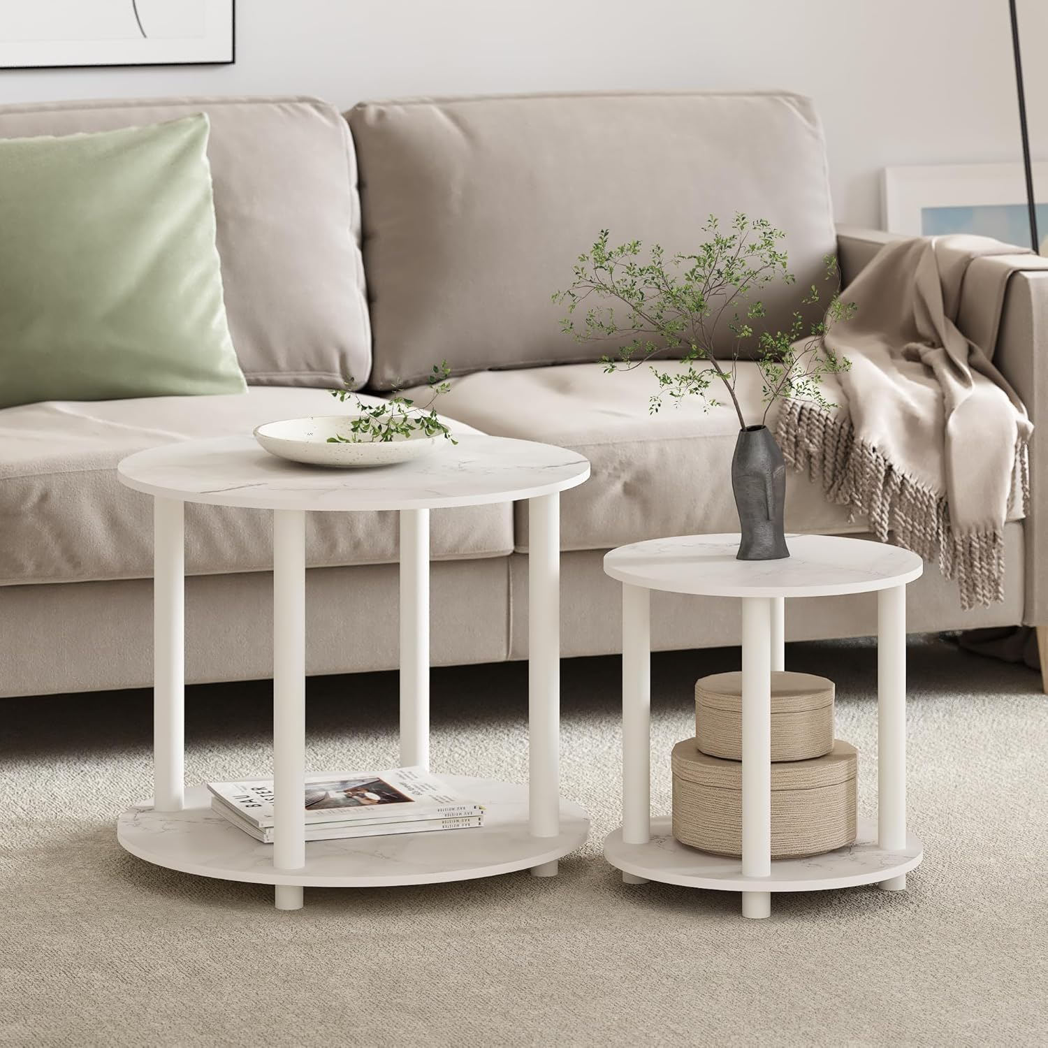 Furinno Turn-N-Tube 2-Tier Round Wooden End Table, Marble White