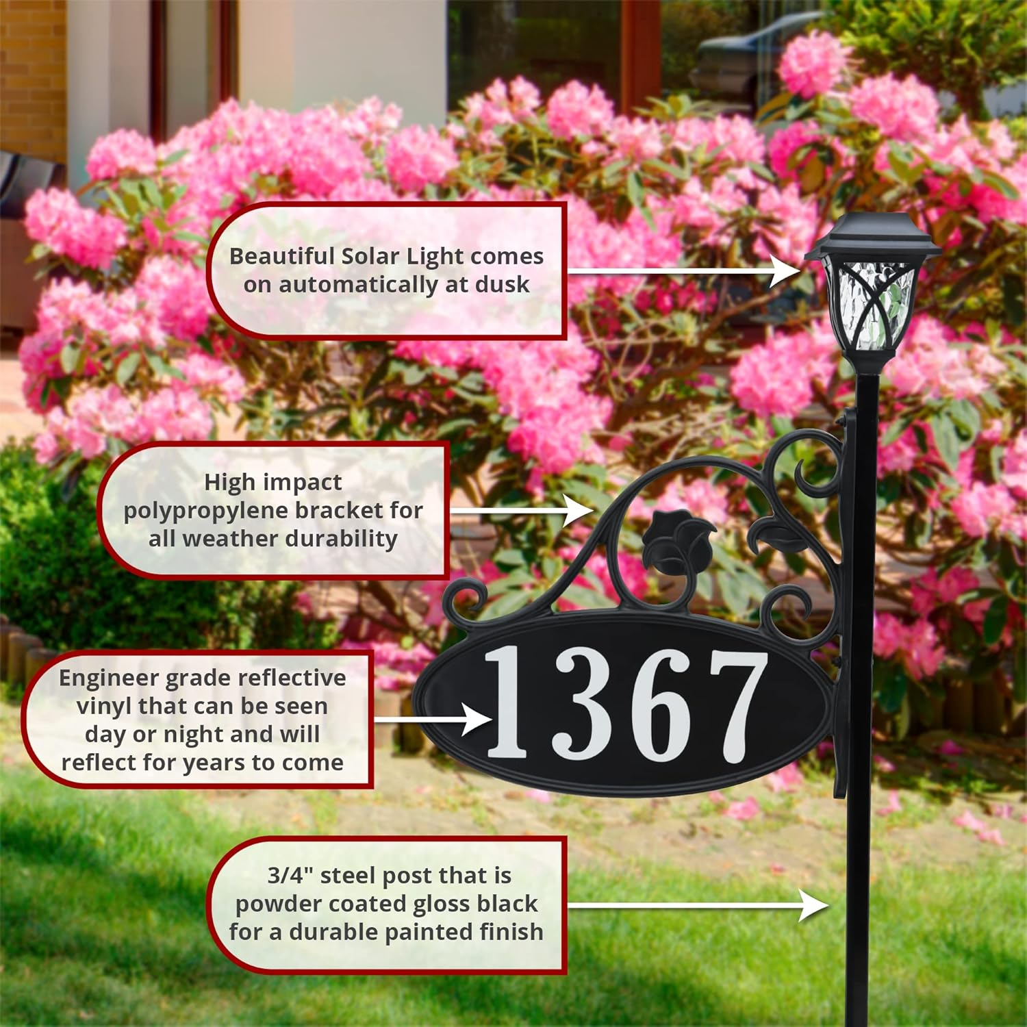 Address America USA Handcrafted, Double-Sided Park Place Reflective Address Sign With Solar Light - 30" Pole
