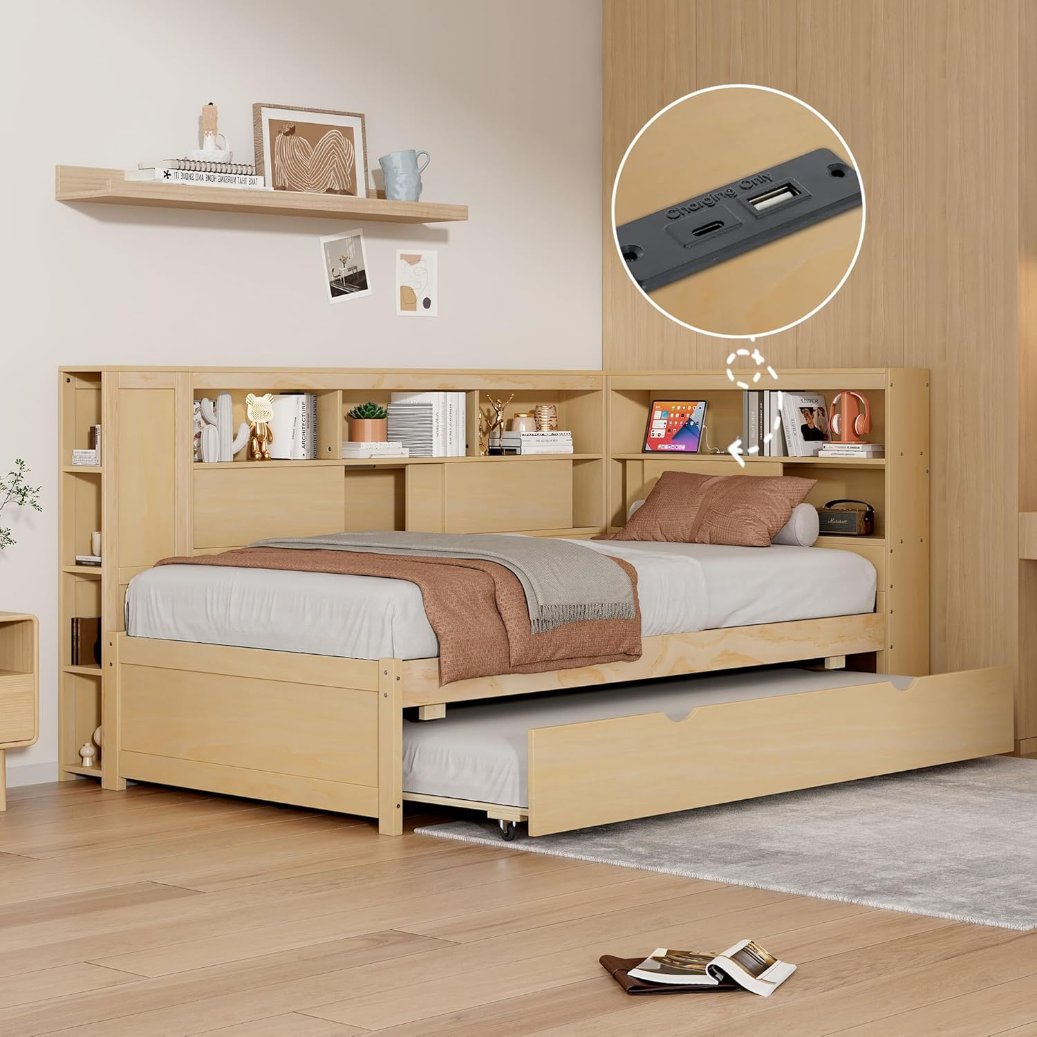 Harper & Bright Designs Twin Size Daybed with Trundle & Bookcase, Wood L-Shaped Daybed with Storage Headboard, USB Ports, Twin Platform Bed Frame with Storage Shelves for Bedroom Living Room, Natural