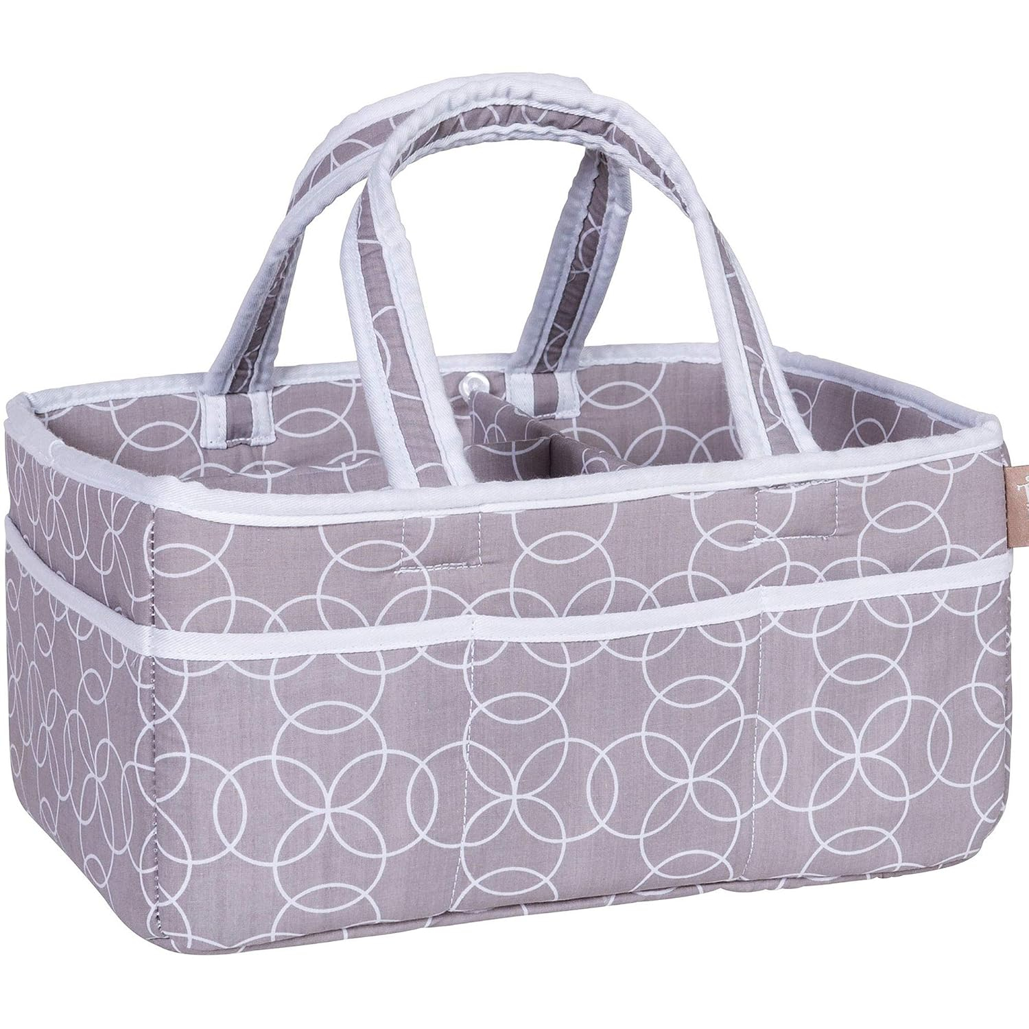 Circles Gray Storage Caddy - Circles Body, Handles and Lining, Solid Trim, Gray and White, Two Handles, 12 in x 6 in x 8 in