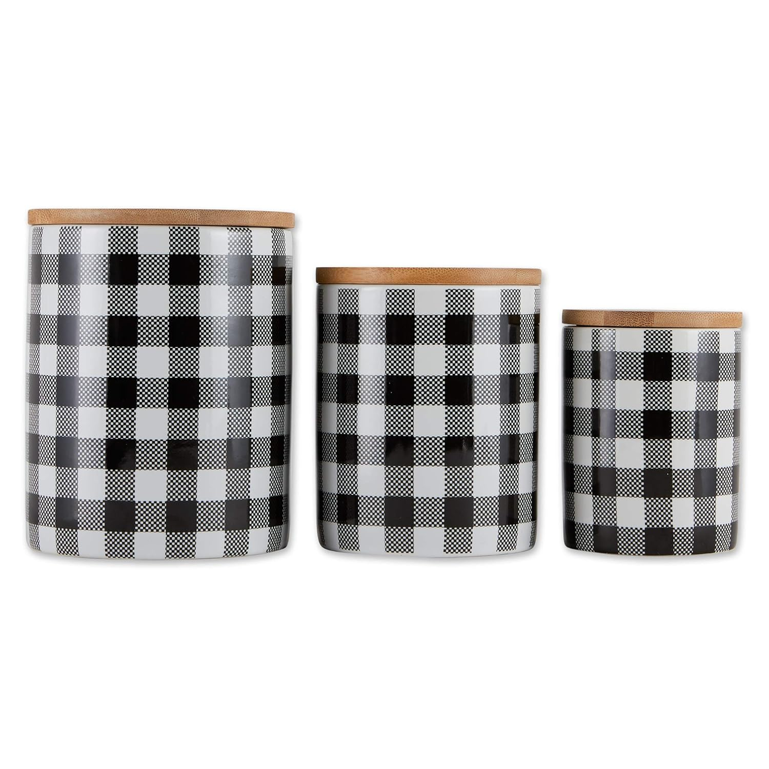 Black and White Buffalo Check Ceramic Canister Set with Bamboo Lids