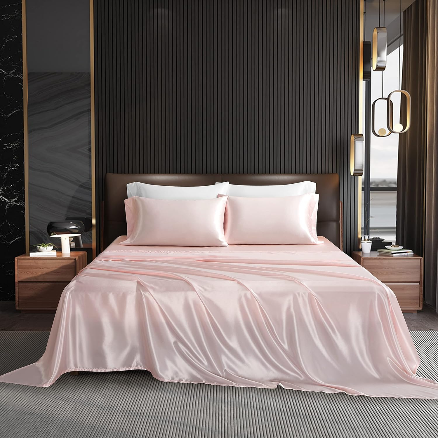 Homiest 4pcs Satin Sheets Set Luxury Silky Satin Bedding Set with Deep Pocket, 1 Fitted Sheet + 1 Flat Sheet + 2 Pillowcases (Queen Size, Blush Pink)