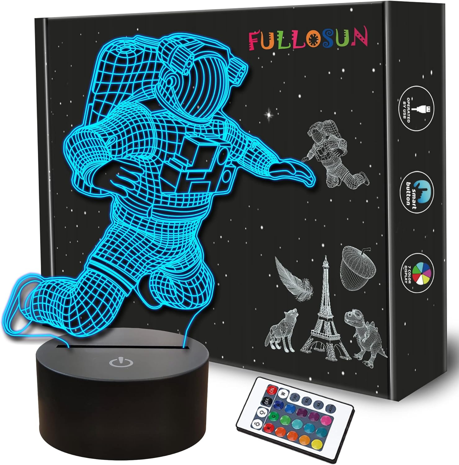 YSTIAN Spaceman 3D Night Light, Astronaut Rocket Optical Illusion Lamp Home Decor Bedroom Light with Remote Control 16 Colors Changing Xmas Birthday Gift for Outer Space Fan