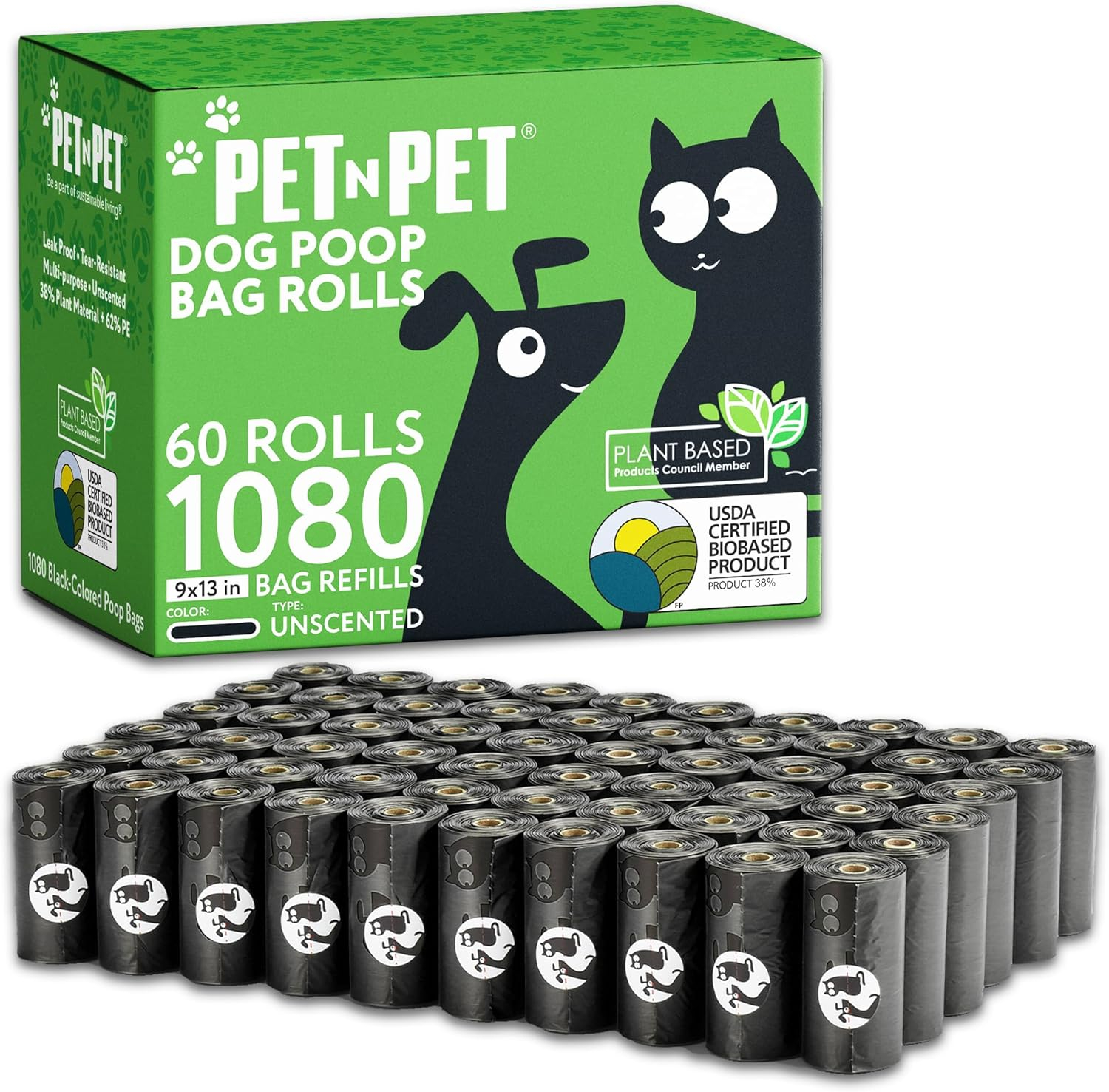 Pet N Pet 1080 Counts Black Poop Bags for Dogs, 38% Plant Based & 62% PE Extra Thick Dog Poop Bags Rolls, 9" x 13", Unscented Pet Waste Bag
